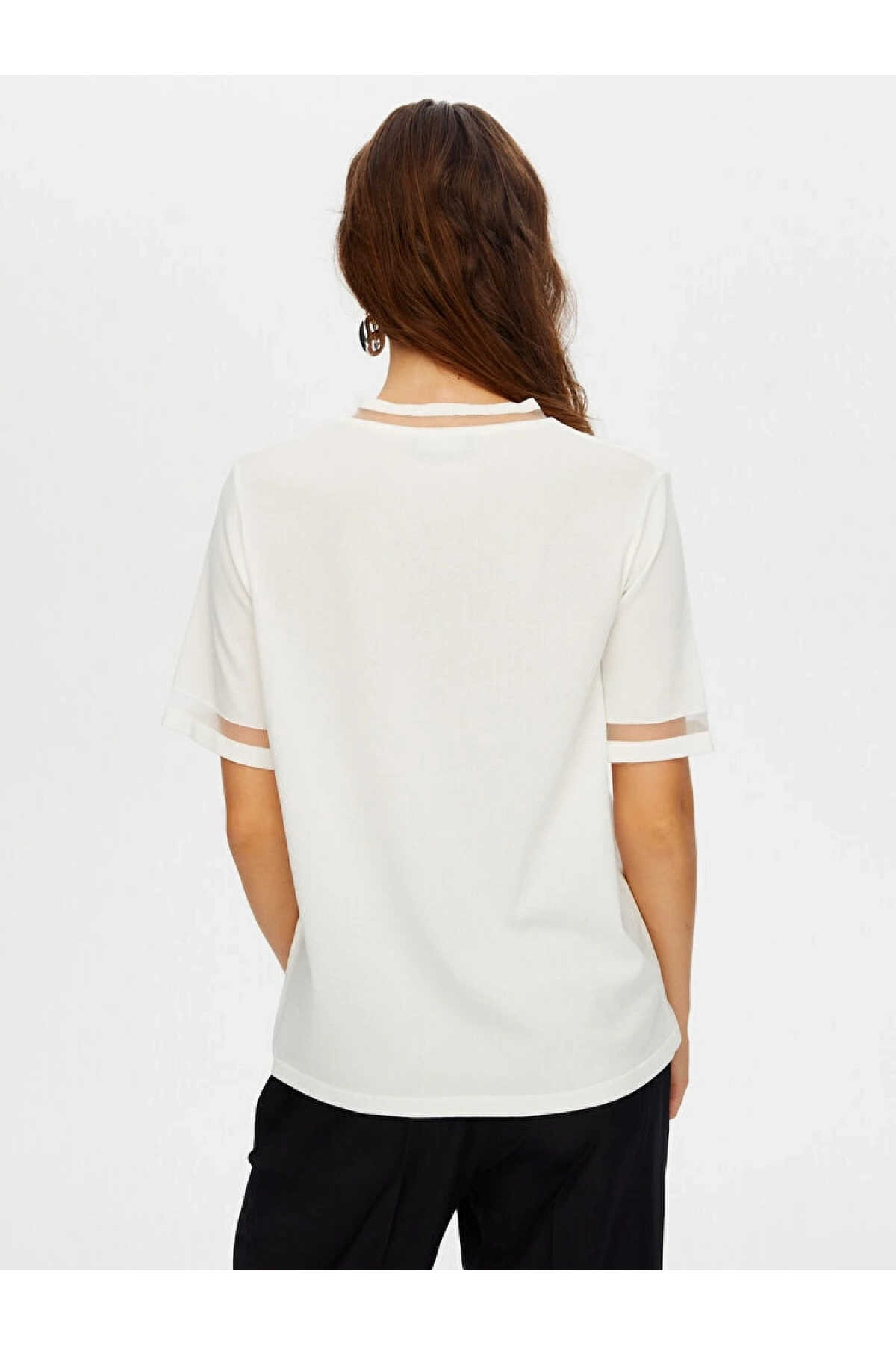 Faik Sönmez Kadın Transparan Detaylı Kısa Kollu Triko Ekru Bluz UW26TRB008