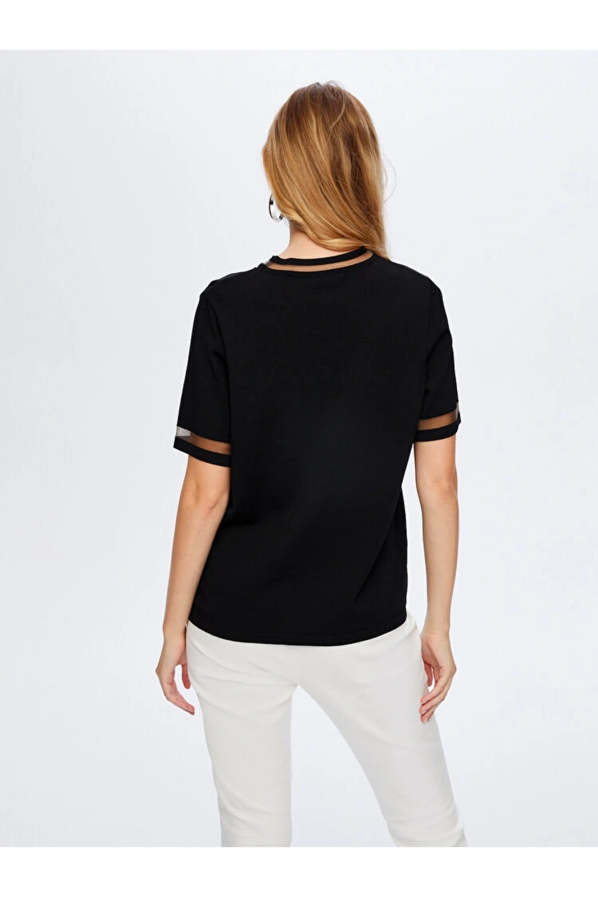 Faik Sönmez Kadın Transparan Detaylı Kısa Kollu Triko Siyah Bluz UW26TRB008