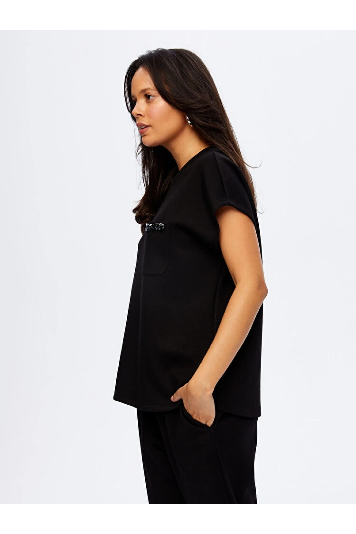 Faik Sönmez Kadın Relax Kısa Kollu Kemik Aksesuar Detaylı Siyah Sweatshirt UW26SWT013