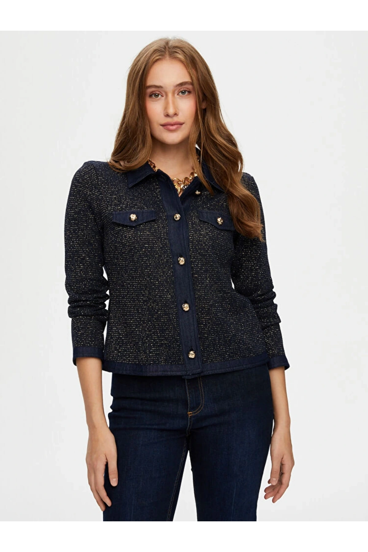 Faik Sönmez Kadın Denim Garnili Simli Örme İndigo Track Ceket UW26CKT009