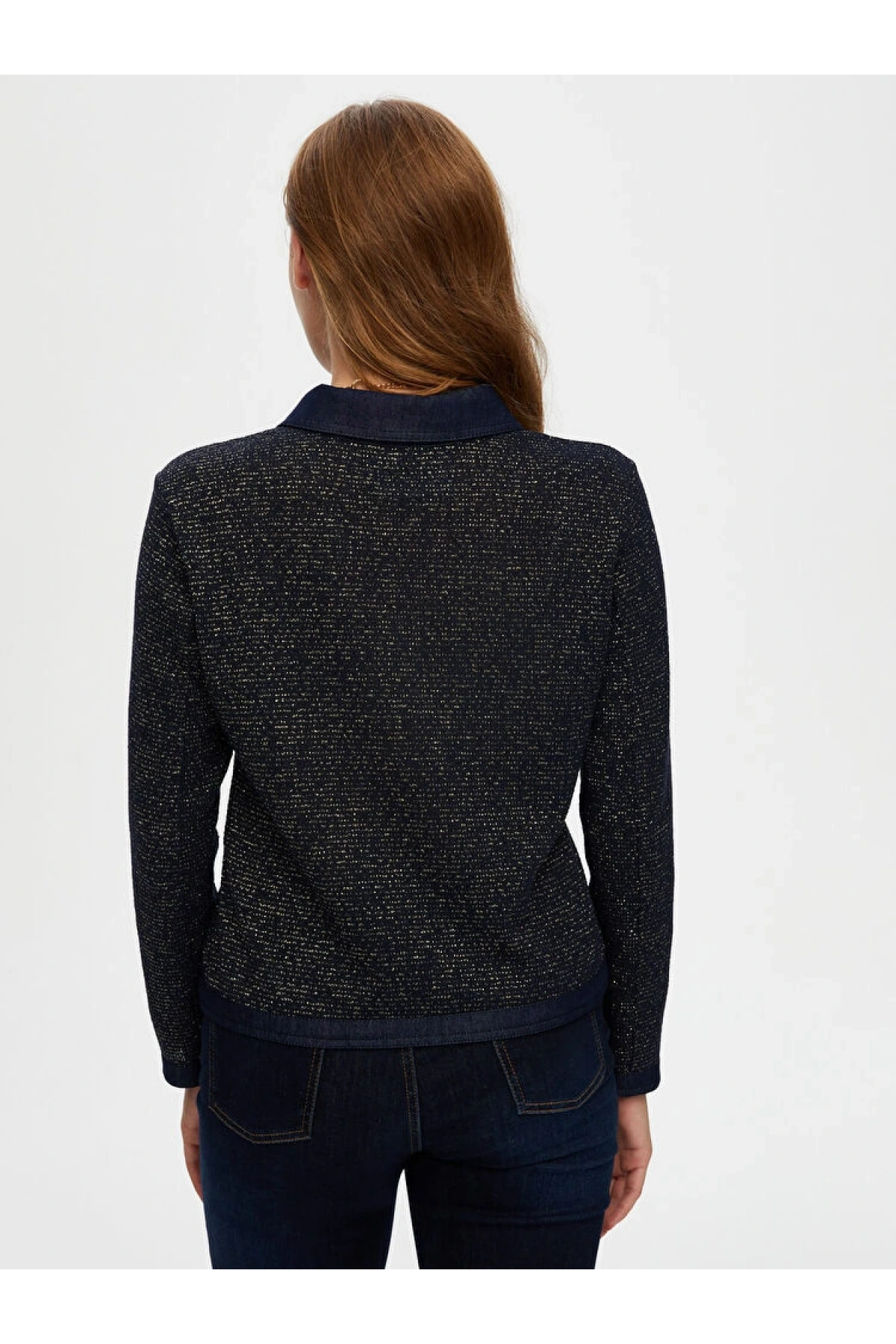 Faik Sönmez Kadın Denim Garnili Simli Örme İndigo Track Ceket UW26CKT009