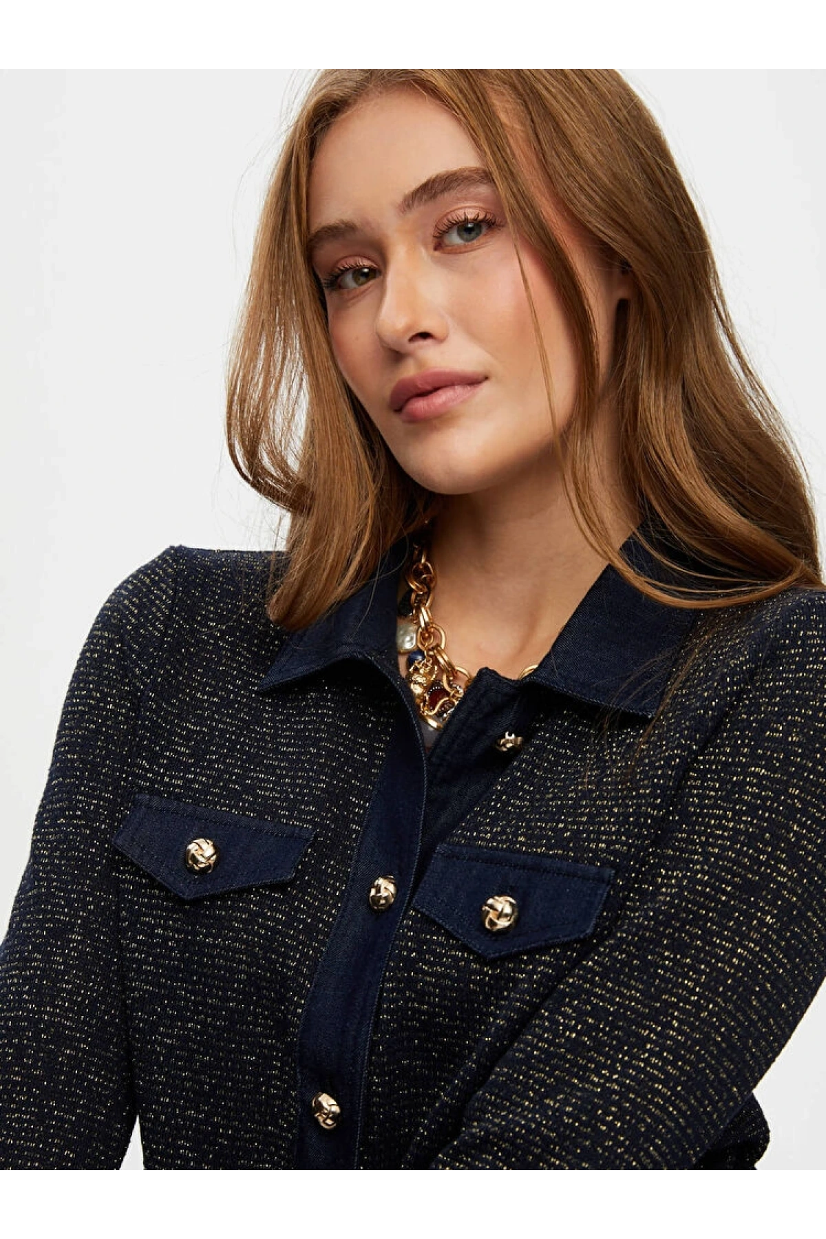 Faik Sönmez Kadın Denim Garnili Simli Örme İndigo Track Ceket UW26CKT009