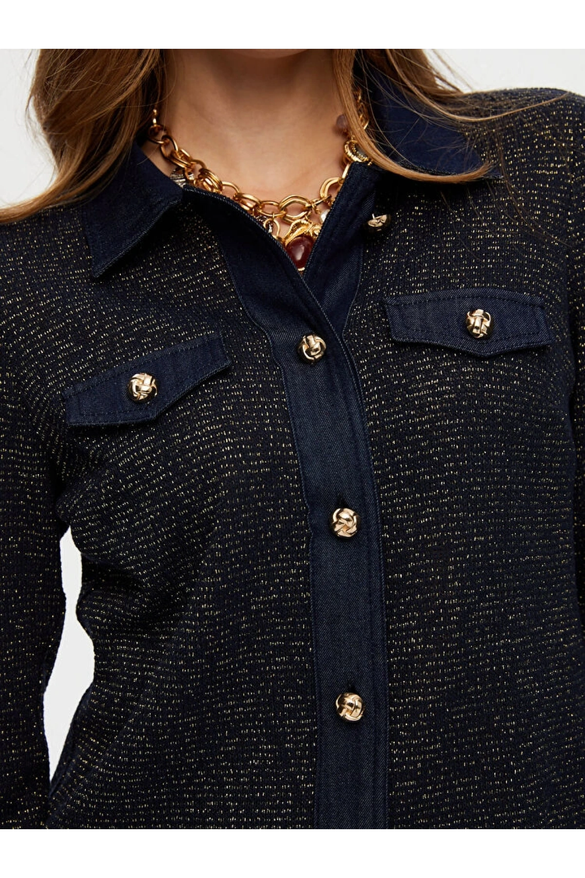 Faik Sönmez Kadın Denim Garnili Simli Örme İndigo Track Ceket UW26CKT009