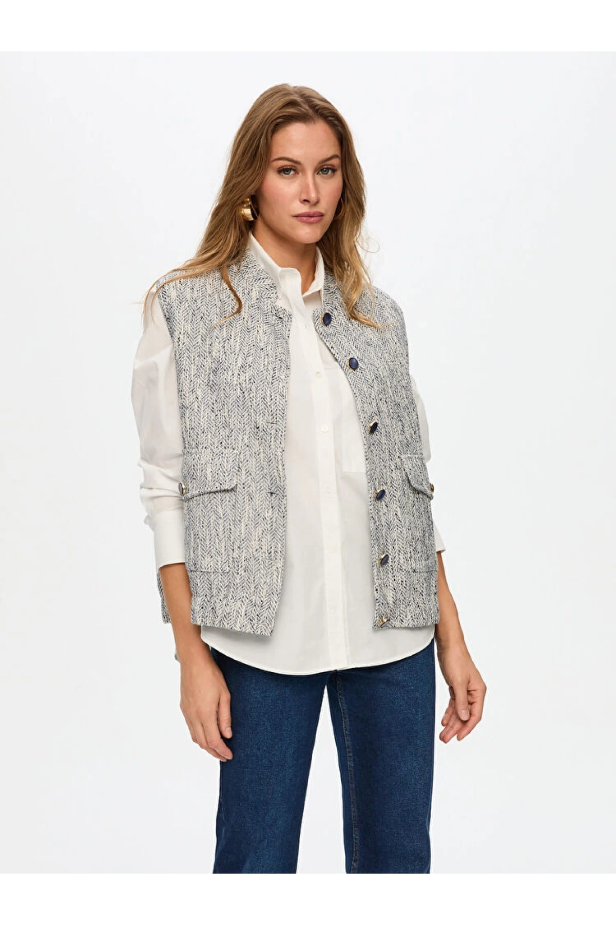 Faik Sönmez Kadın Cep Detaylı İndigo Tüvit Yelek UW26YLK003