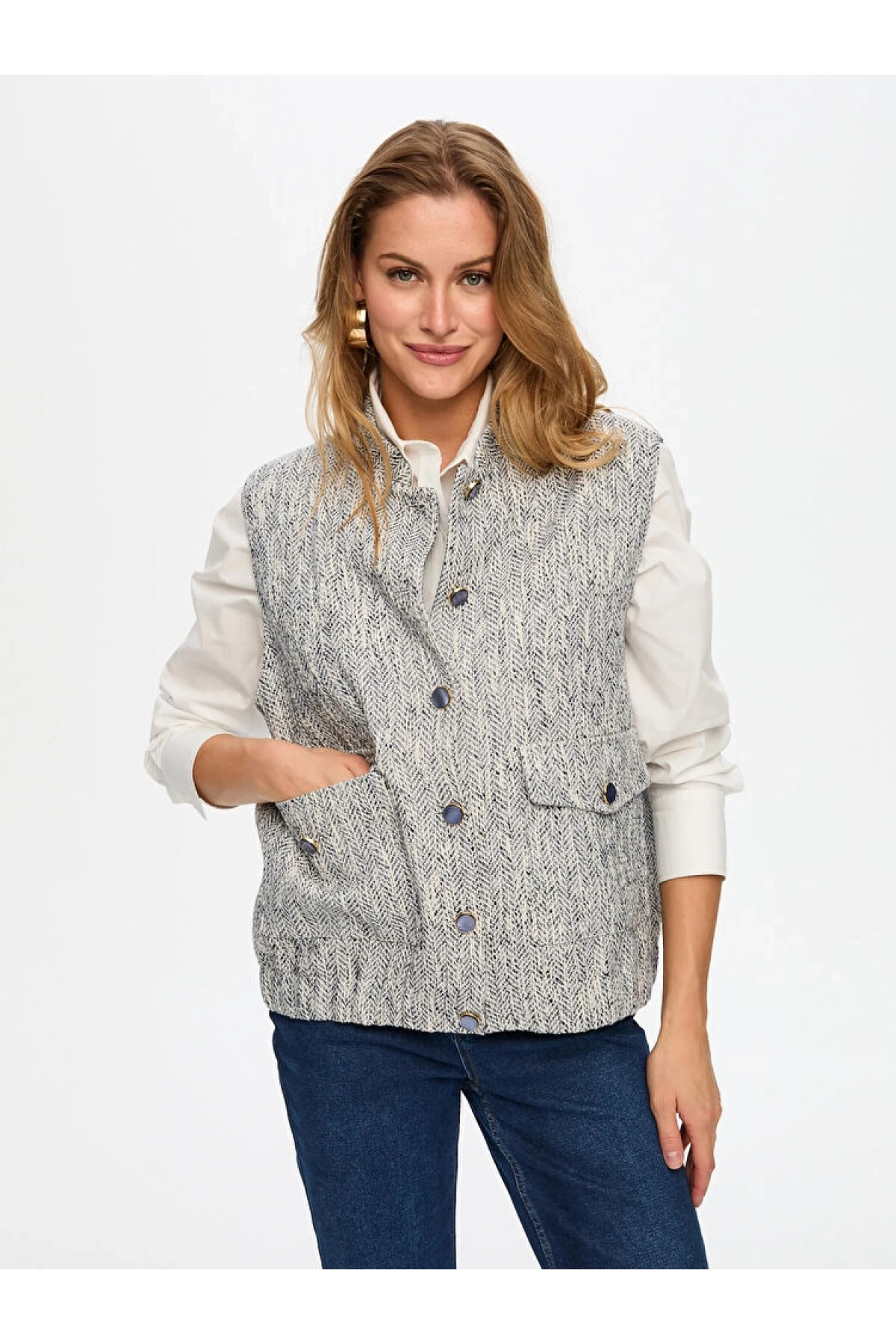 Faik Sönmez Kadın Cep Detaylı İndigo Tüvit Yelek UW26YLK003