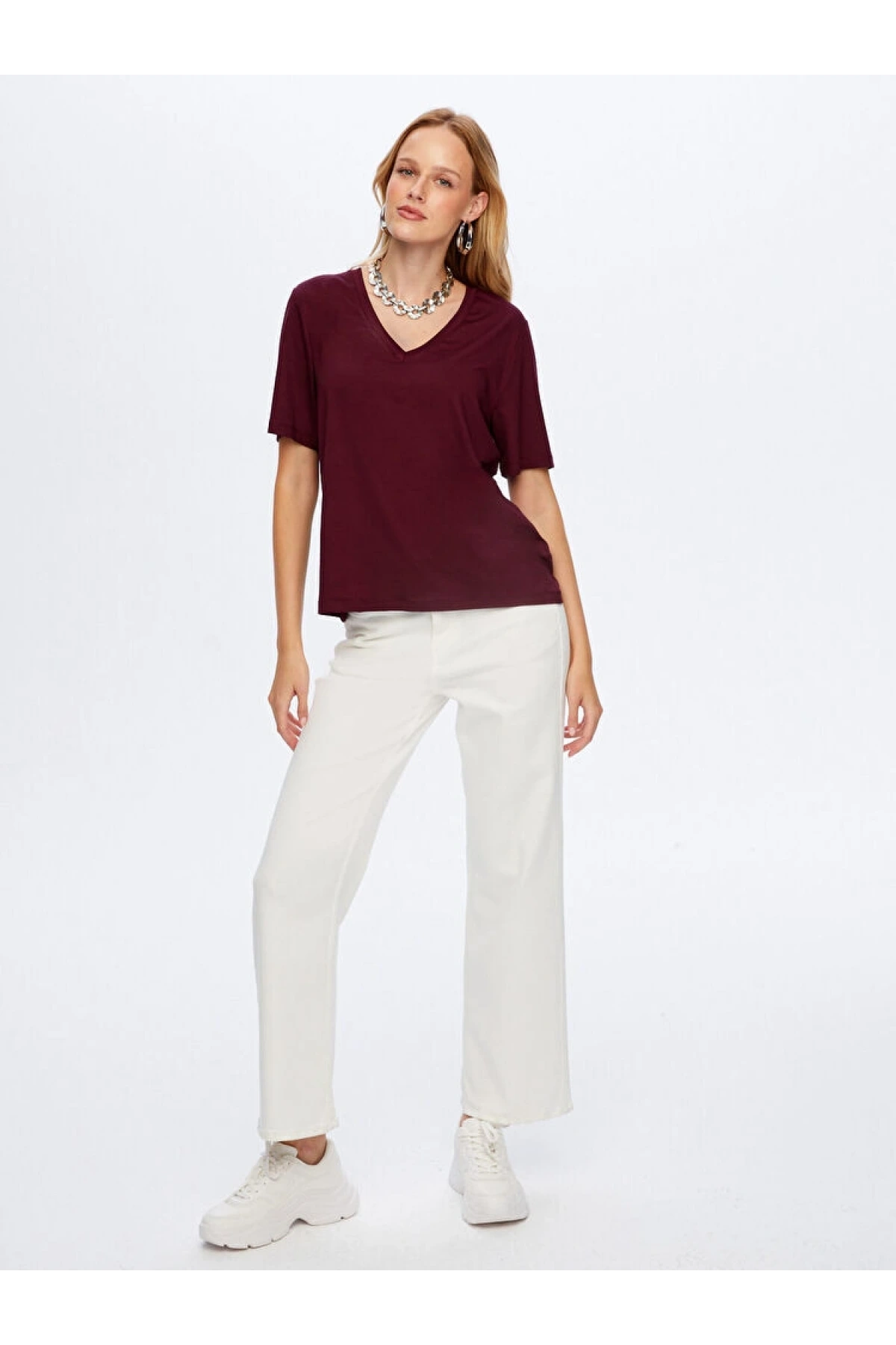 Faik Sönmez Kadın V Yaka Kısa Kol Mürdüm T-Shirt BW26TSH008