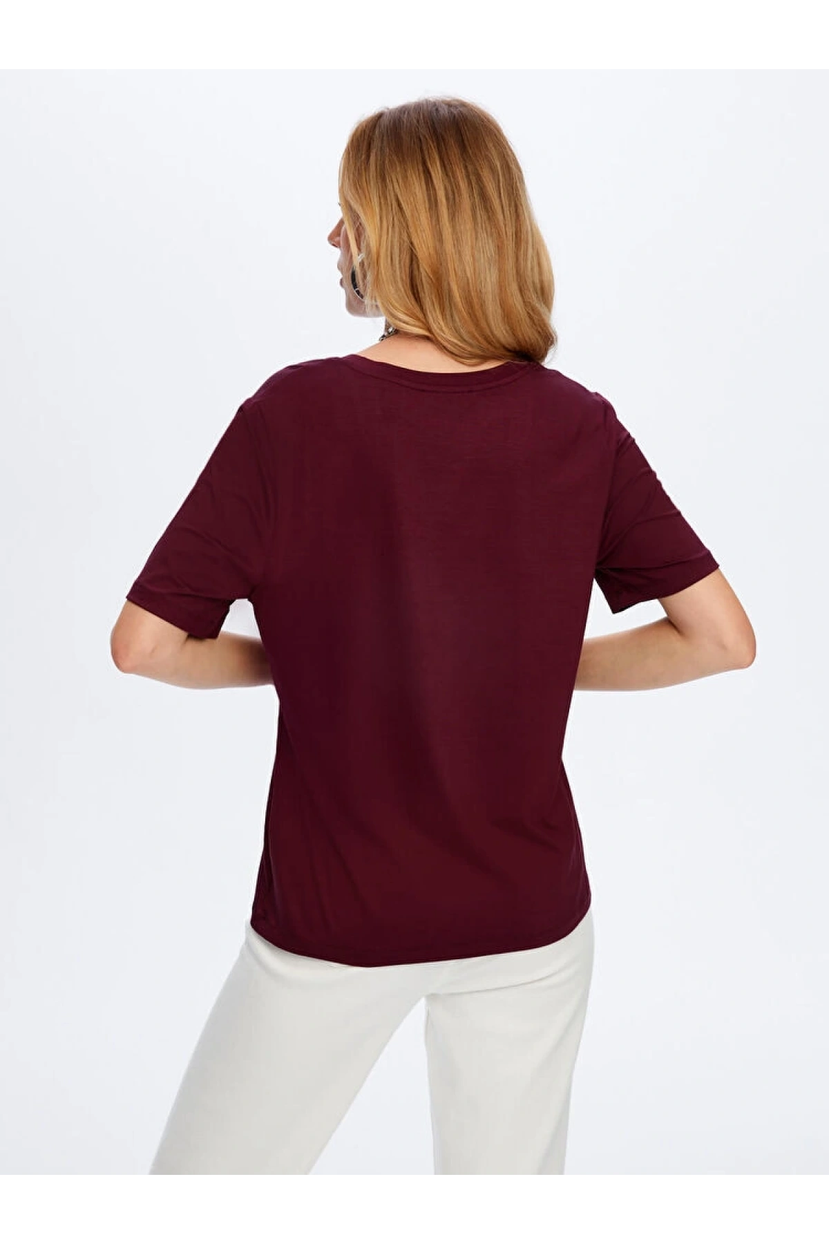 Faik Sönmez Kadın V Yaka Kısa Kol Mürdüm T-Shirt BW26TSH008