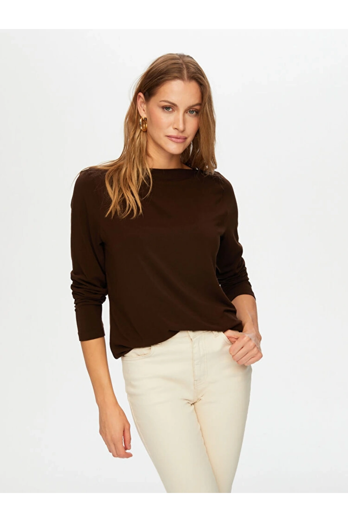 Faik Sönmez Kadın Kayık Yaka Triko Görünümlü Örme Koyu Kahve Bluz UW26BLZ009