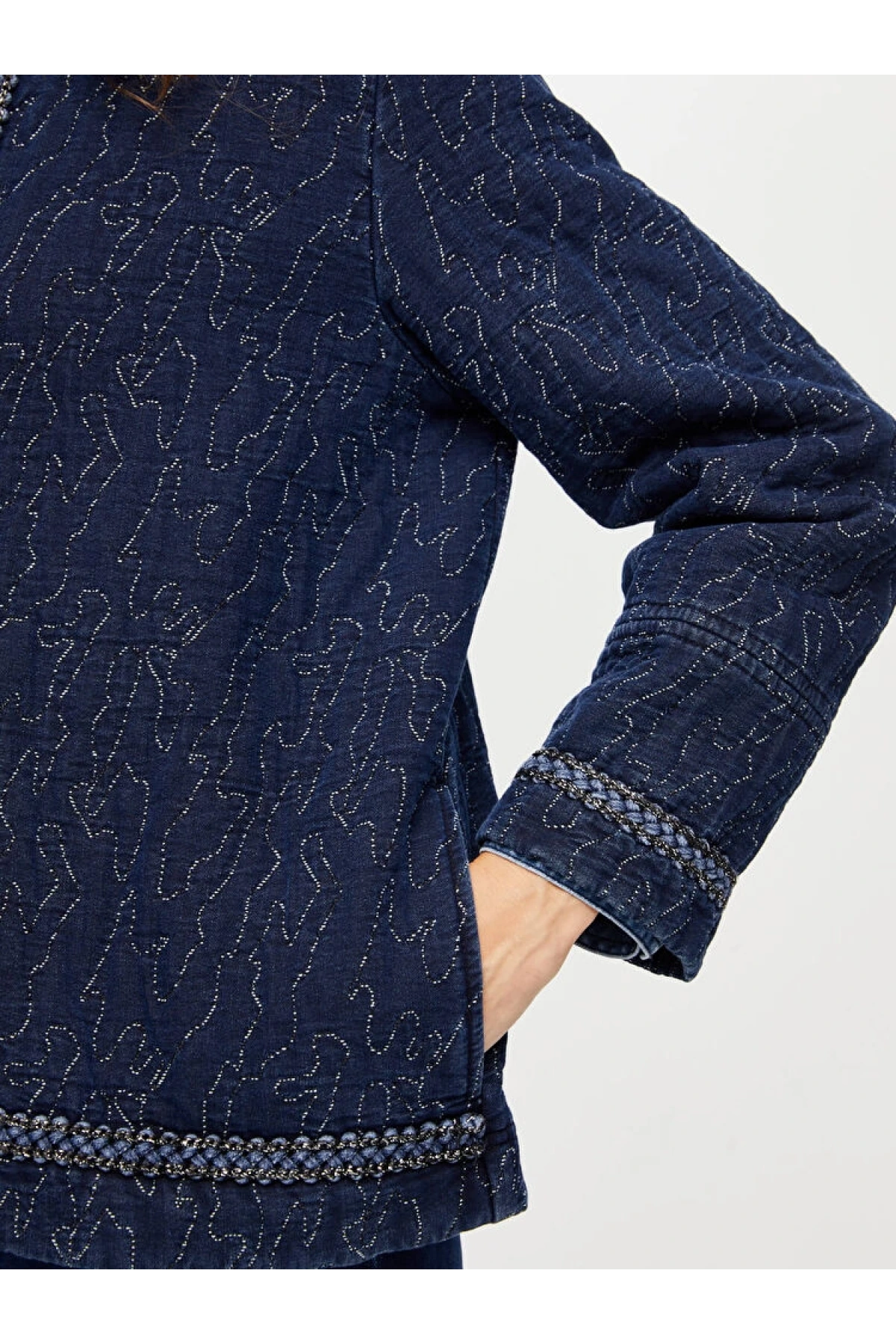 Faik Sönmez Kadın Simli Şerit Detaylı Kapitone Denim İndigo Ceket UW26CKT013