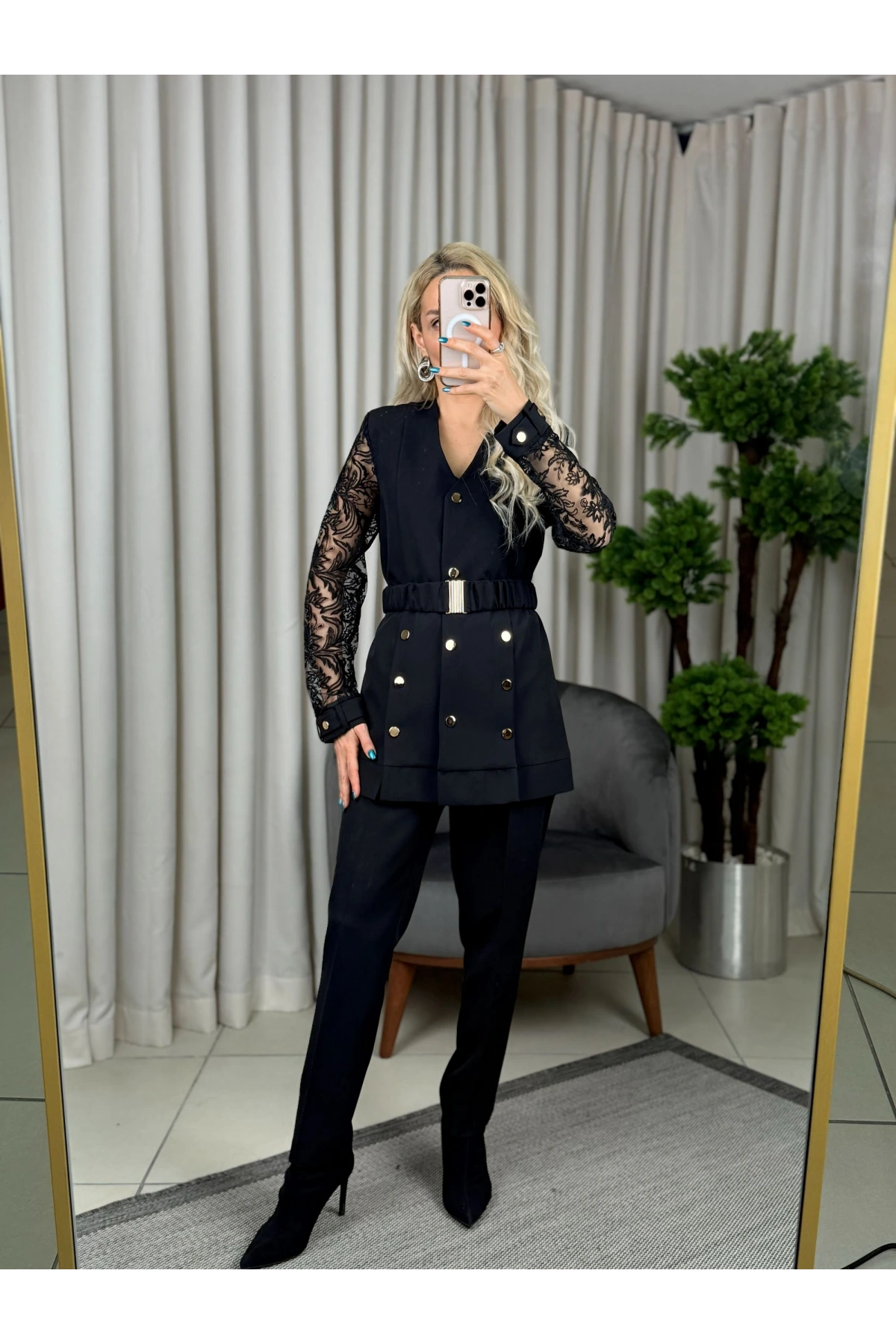 Milestone Kolları Dantel Bel Kemerli Takım 682