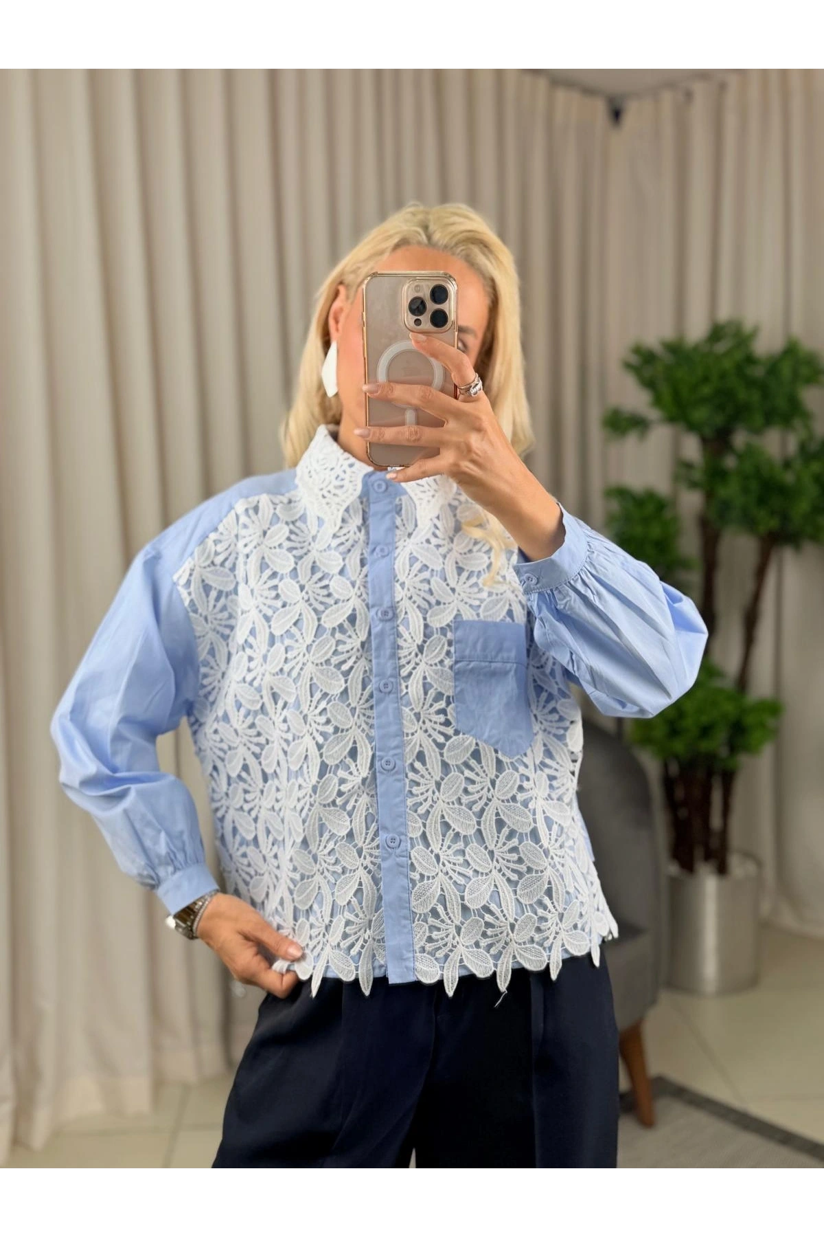 On Fashion Önü Ve Yakası Dantelli Cepli Gömlek 50345