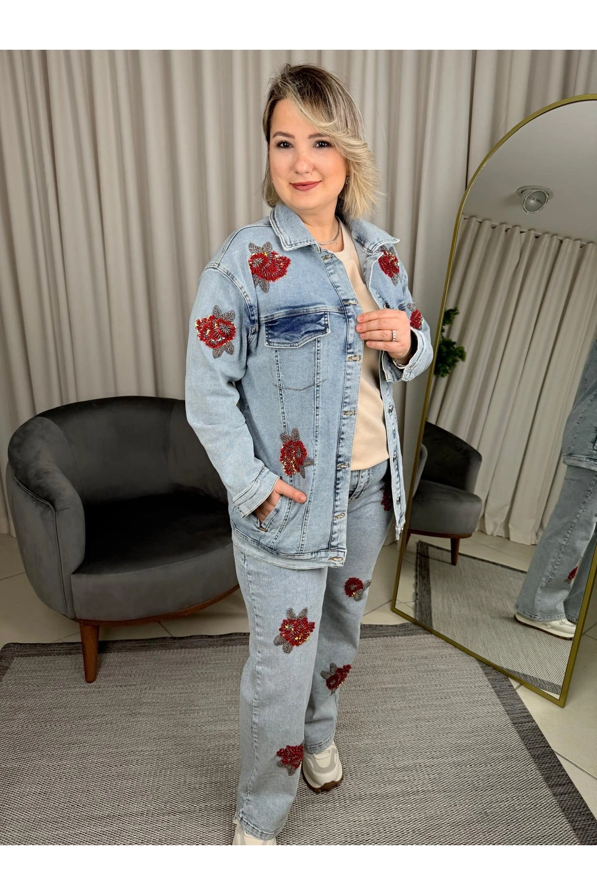 Ghisa Kırmızı Pul İşlemeli Kot Takım 25YGSTKM3058 Mavi