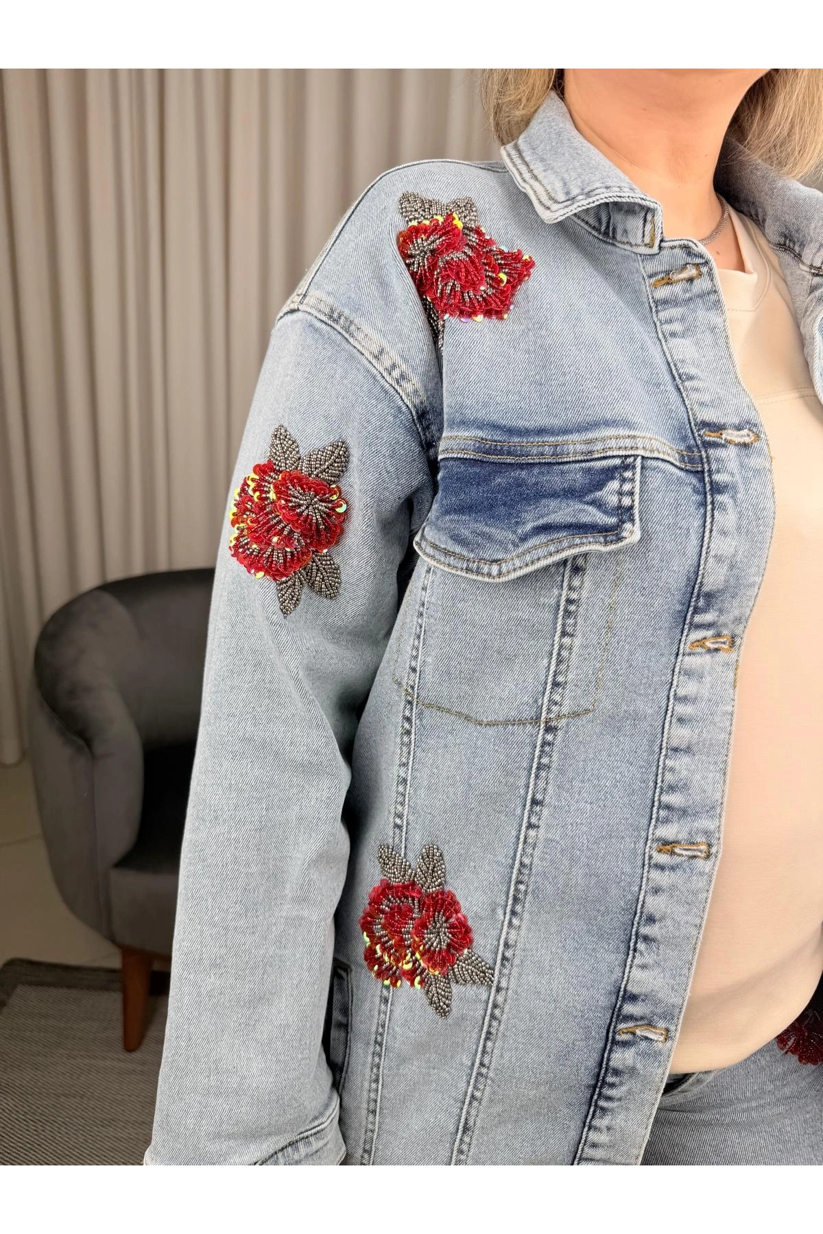 Ghisa Kırmızı Pul İşlemeli Kot Takım 25YGSTKM3058 Mavi