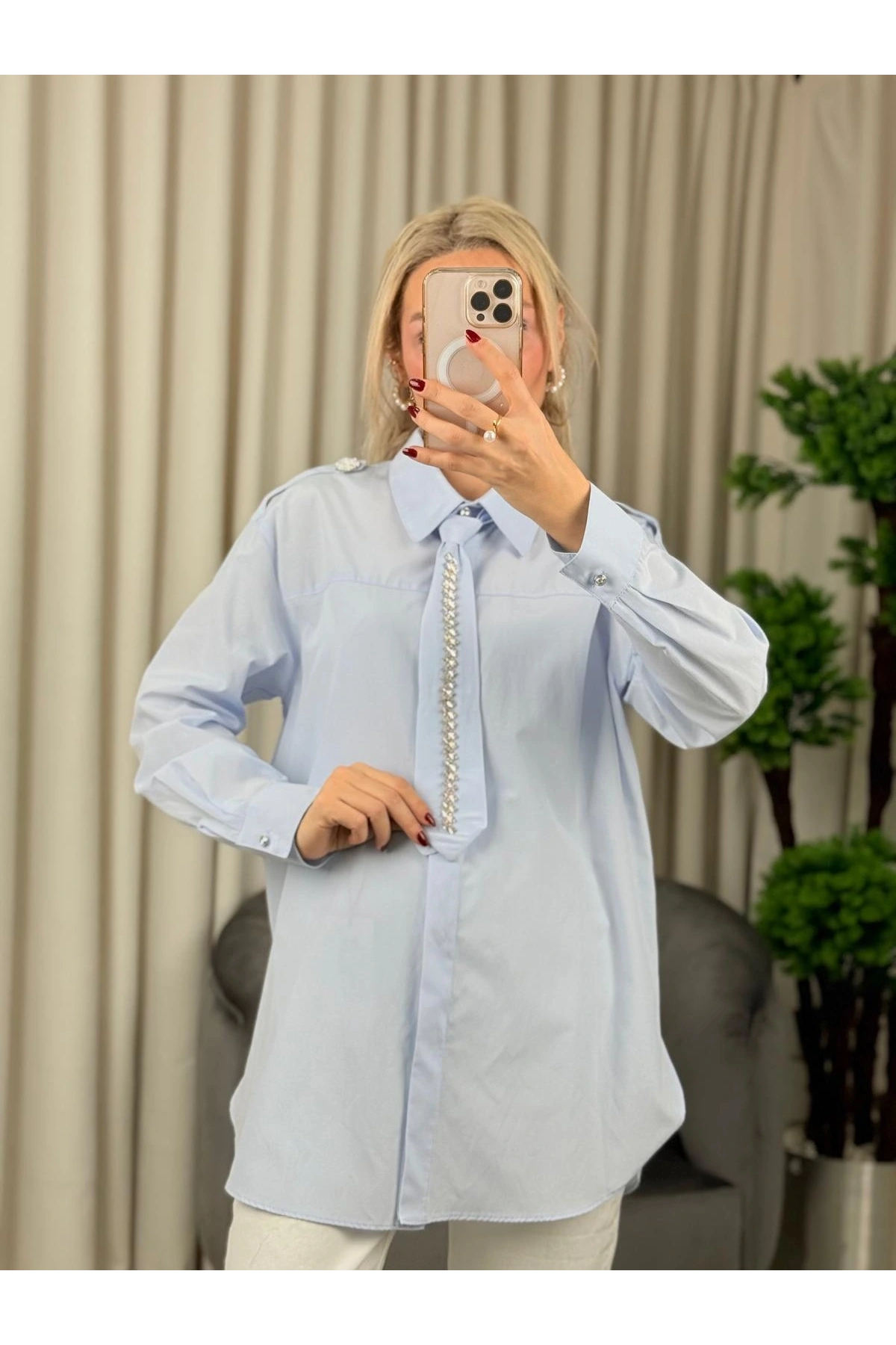 my312 Taş Detaylı Kravatlı Gömlek 25S8608 Mavi