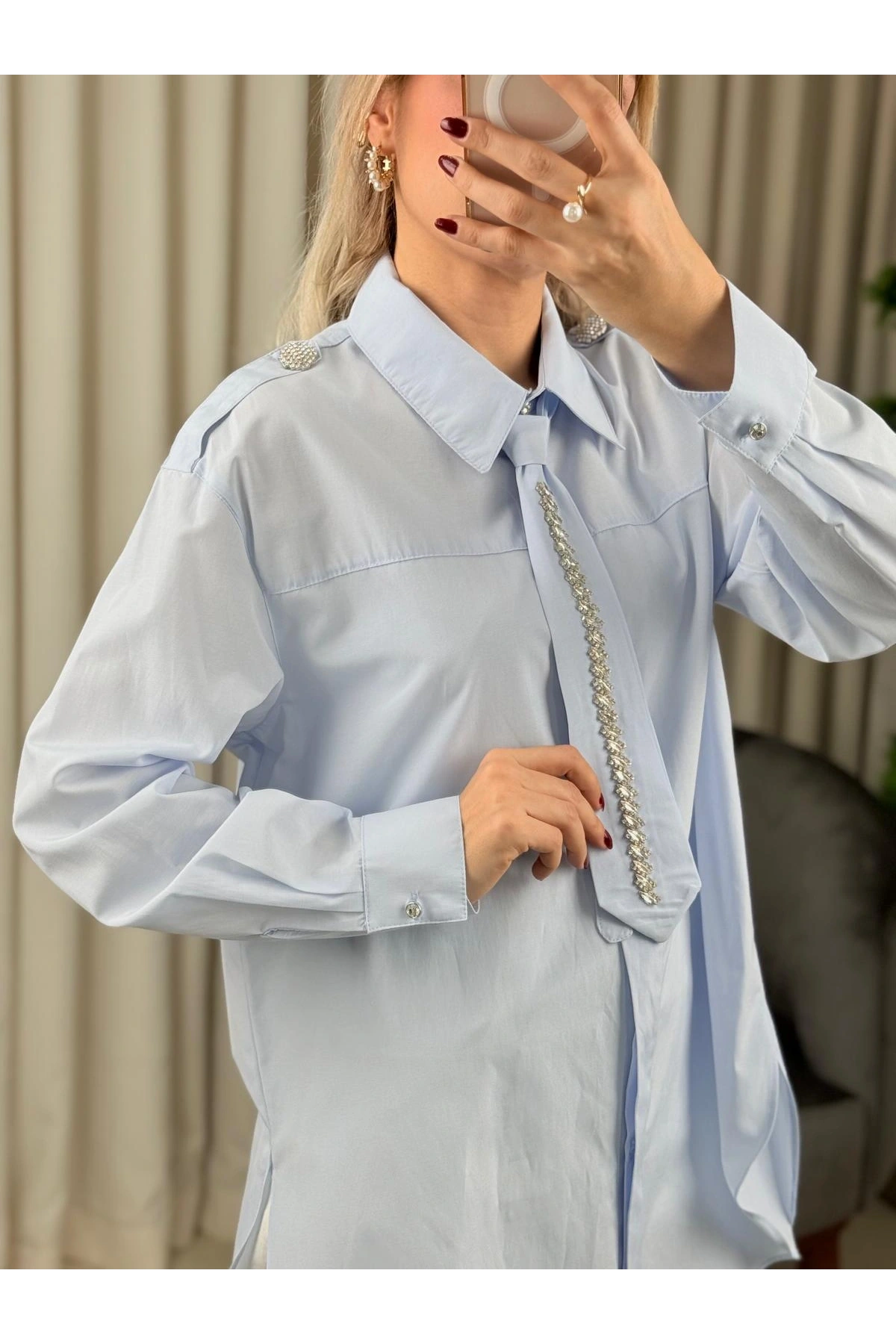 my312 Taş Detaylı Kravatlı Gömlek 25S8608 Mavi