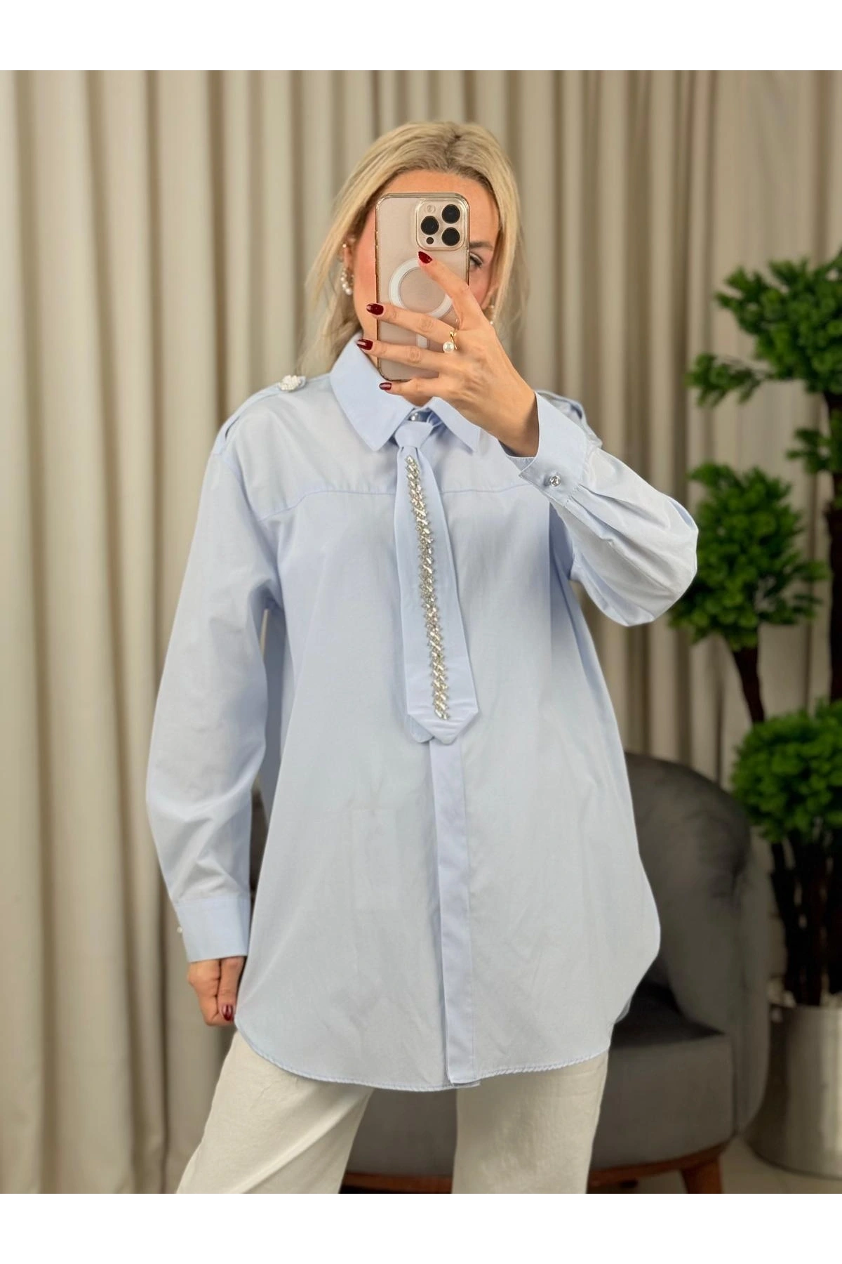 my312 Taş Detaylı Kravatlı Gömlek 25S8608 Mavi