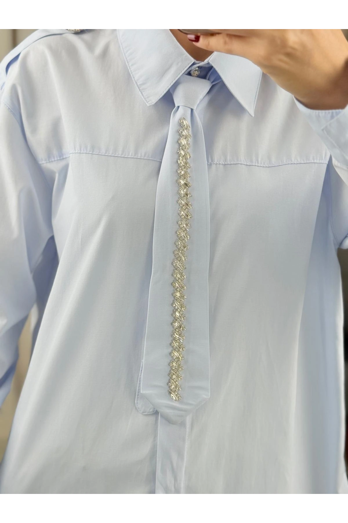 my312 Taş Detaylı Kravatlı Gömlek 25S8608 Mavi