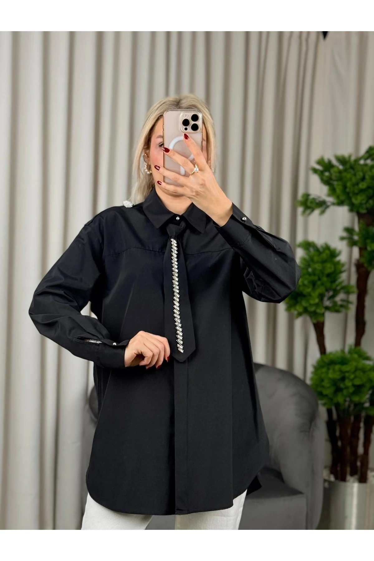 my312 Taş Detaylı Kravatlı Gömlek 25S8608 Siyah