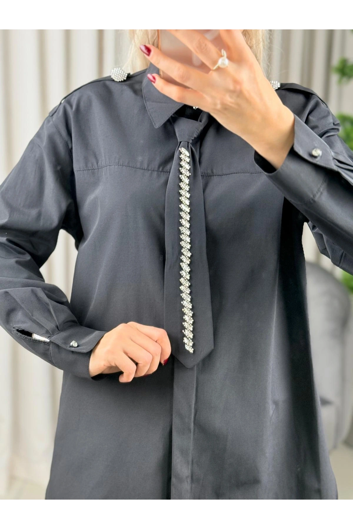 my312 Taş Detaylı Kravatlı Gömlek 25S8608 Siyah