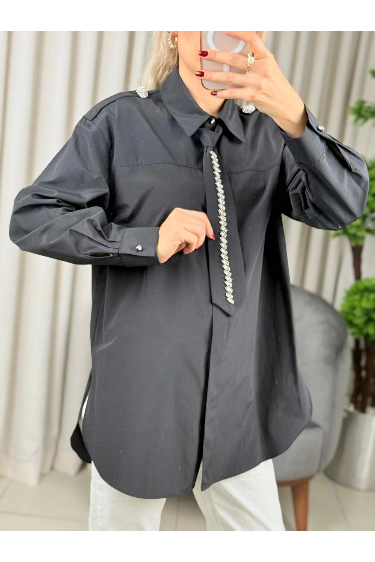 my312 Taş Detaylı Kravatlı Gömlek 25S8608 Siyah