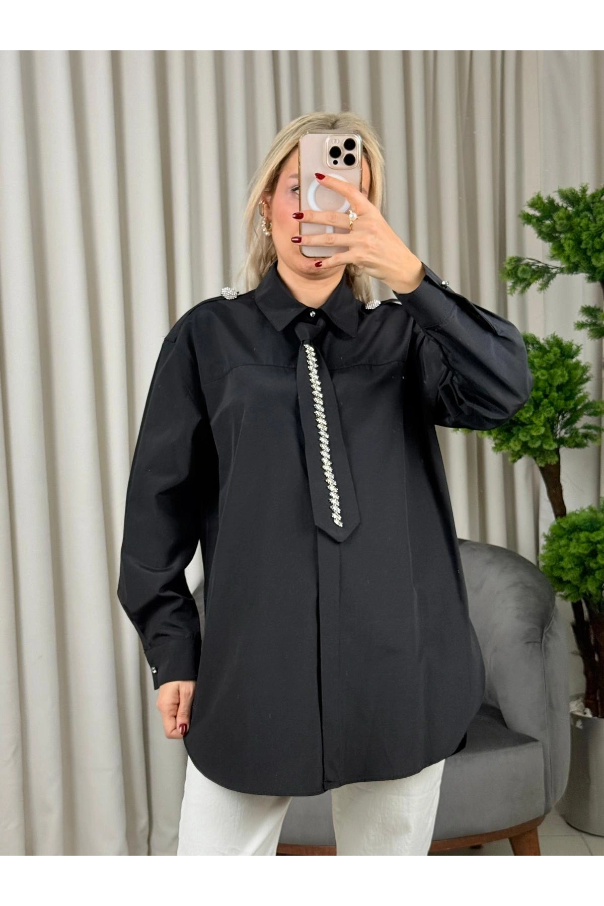 my312 Taş Detaylı Kravatlı Gömlek 25S8608 Siyah