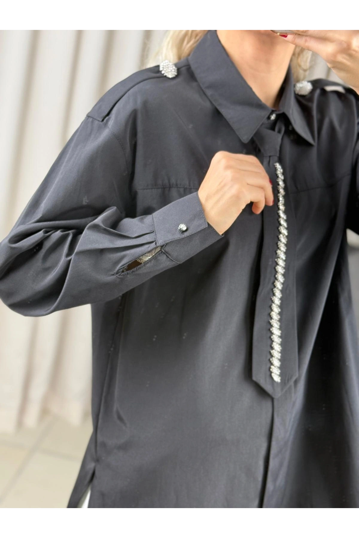 my312 Taş Detaylı Kravatlı Gömlek 25S8608 Siyah
