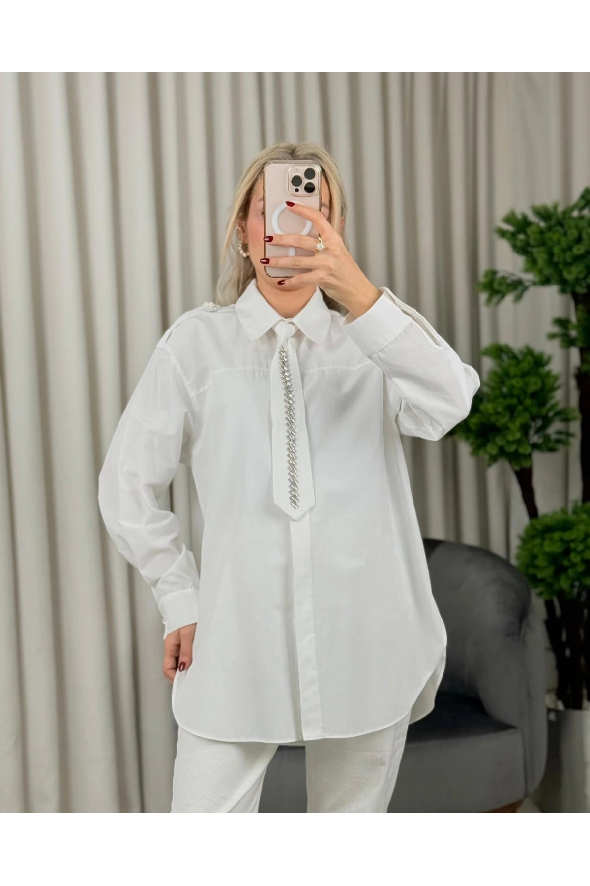 my312 Taş Detaylı Kravatlı Gömlek 25S8608 Ekru