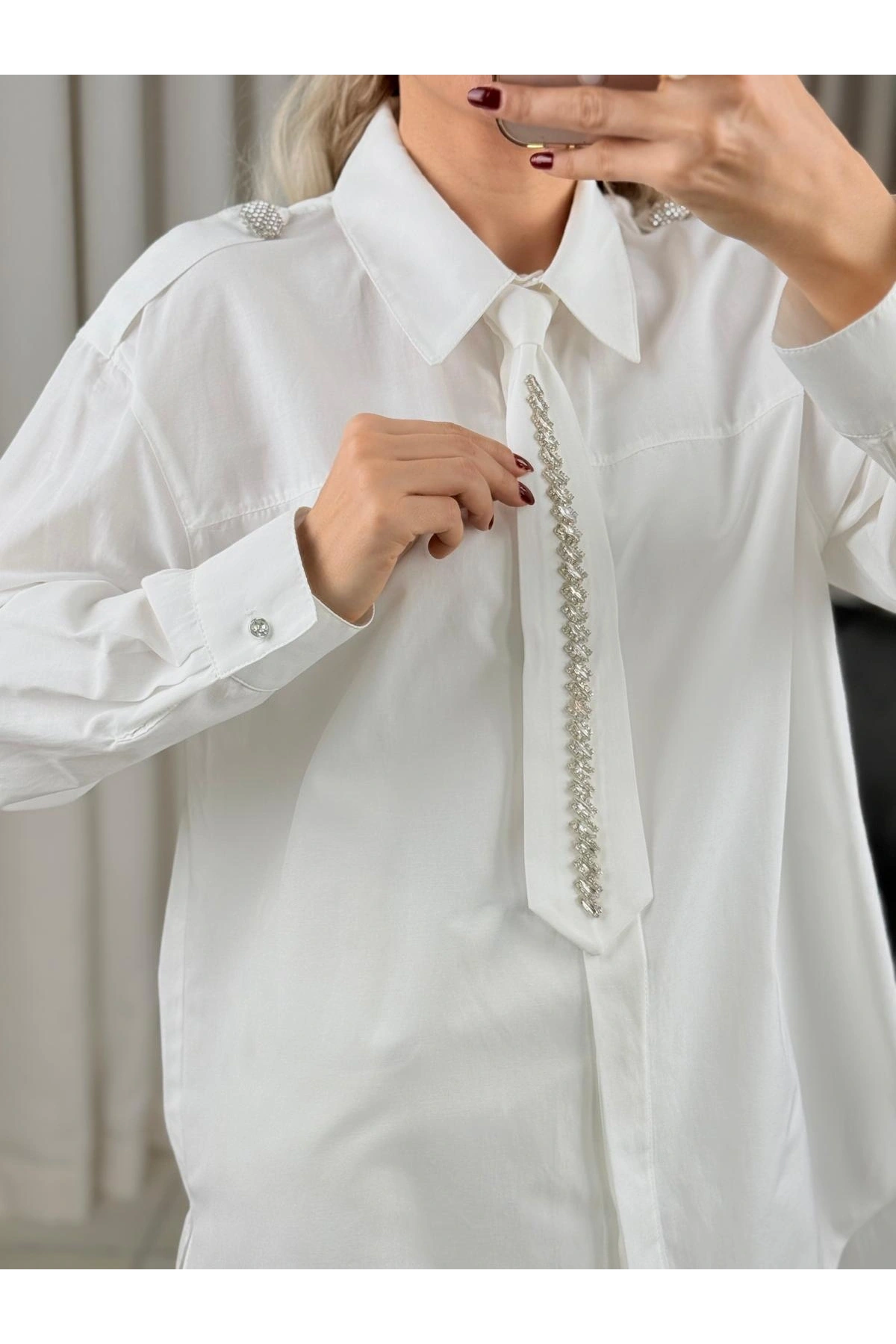 my312 Taş Detaylı Kravatlı Gömlek 25S8608 Ekru