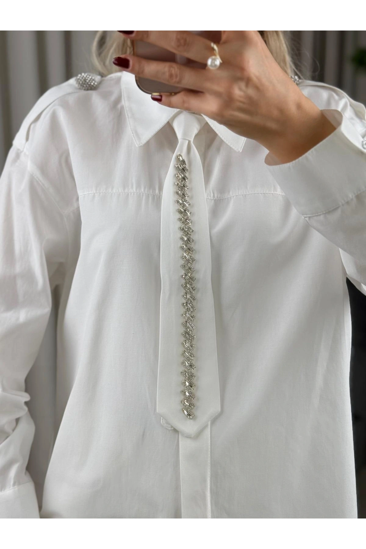my312 Taş Detaylı Kravatlı Gömlek 25S8608 Ekru
