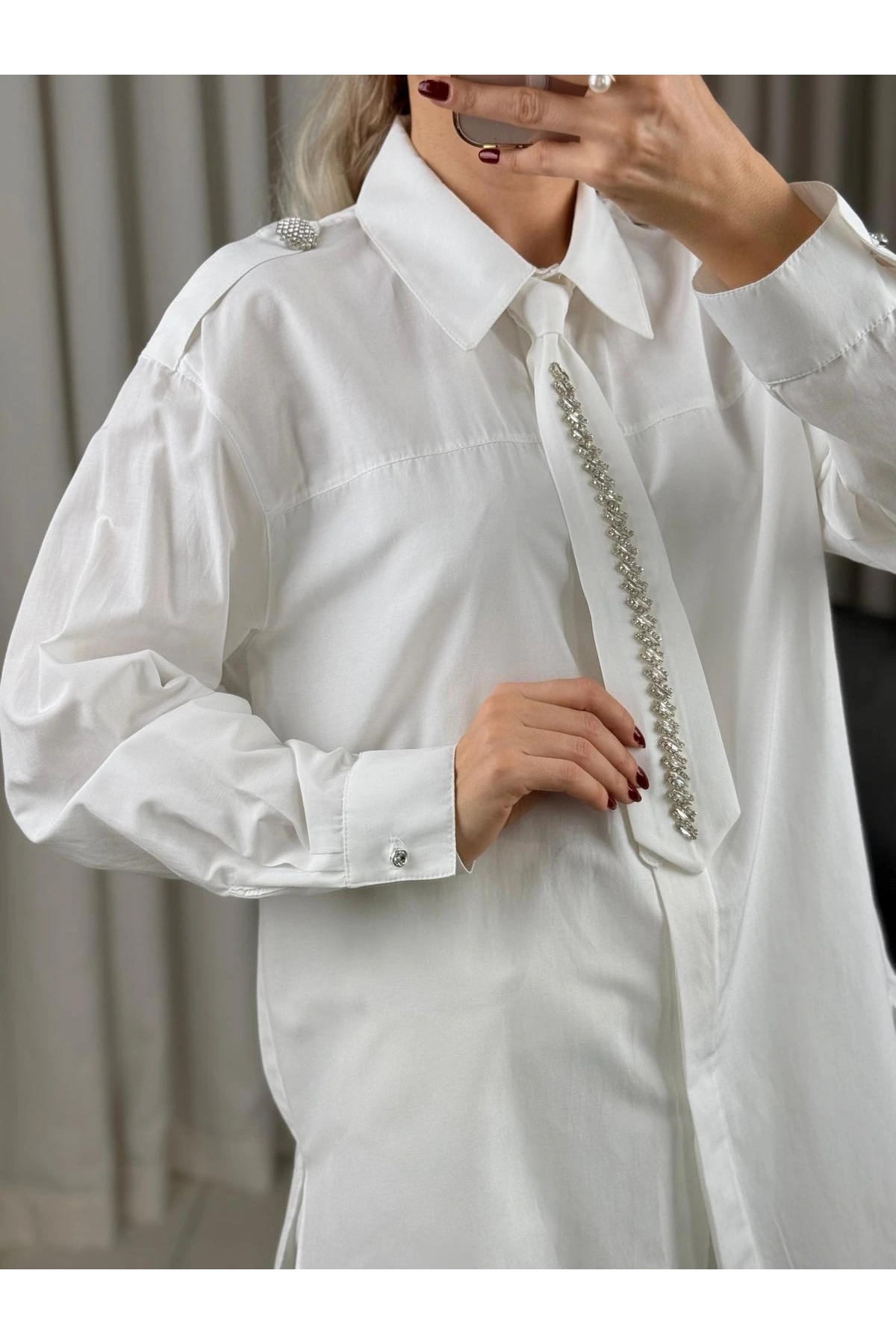my312 Taş Detaylı Kravatlı Gömlek 25S8608 Ekru