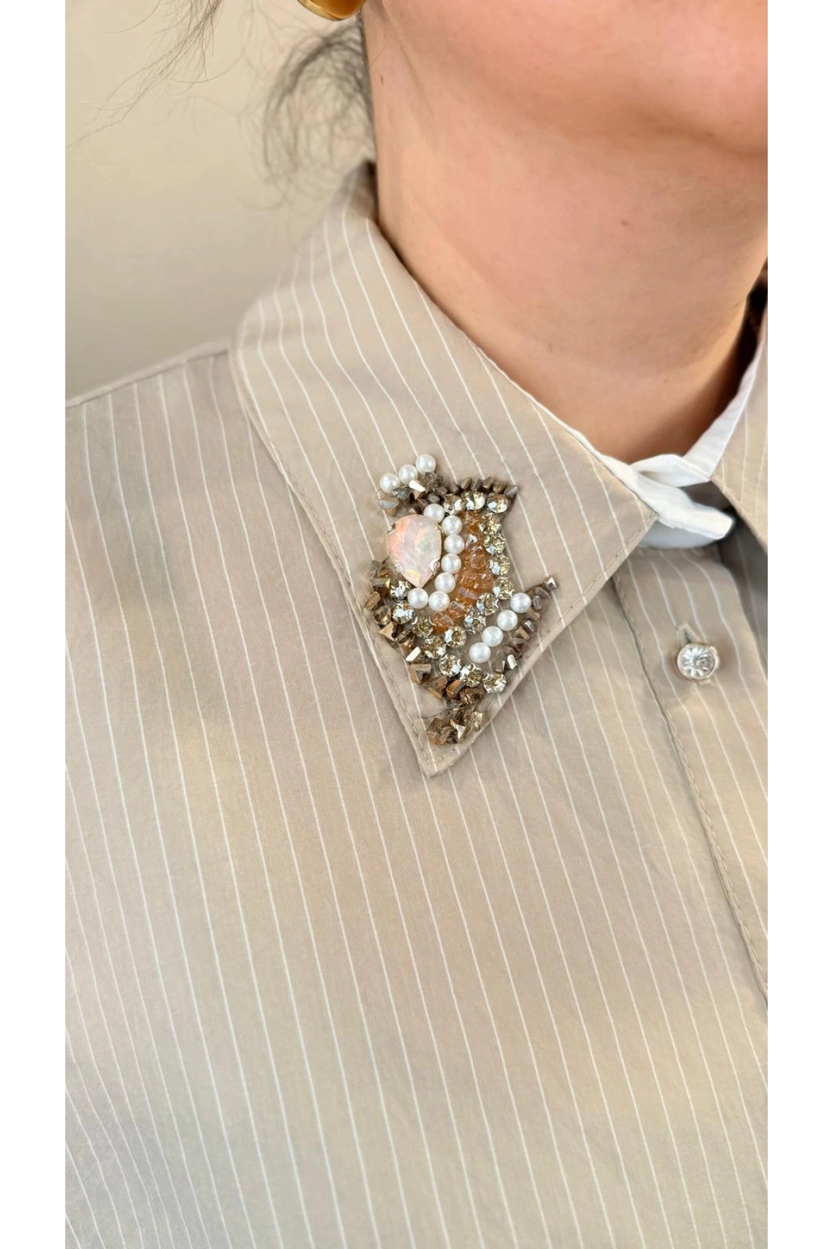 My312 Dantelli Taşlı Çizgili Gömlek 26S8804