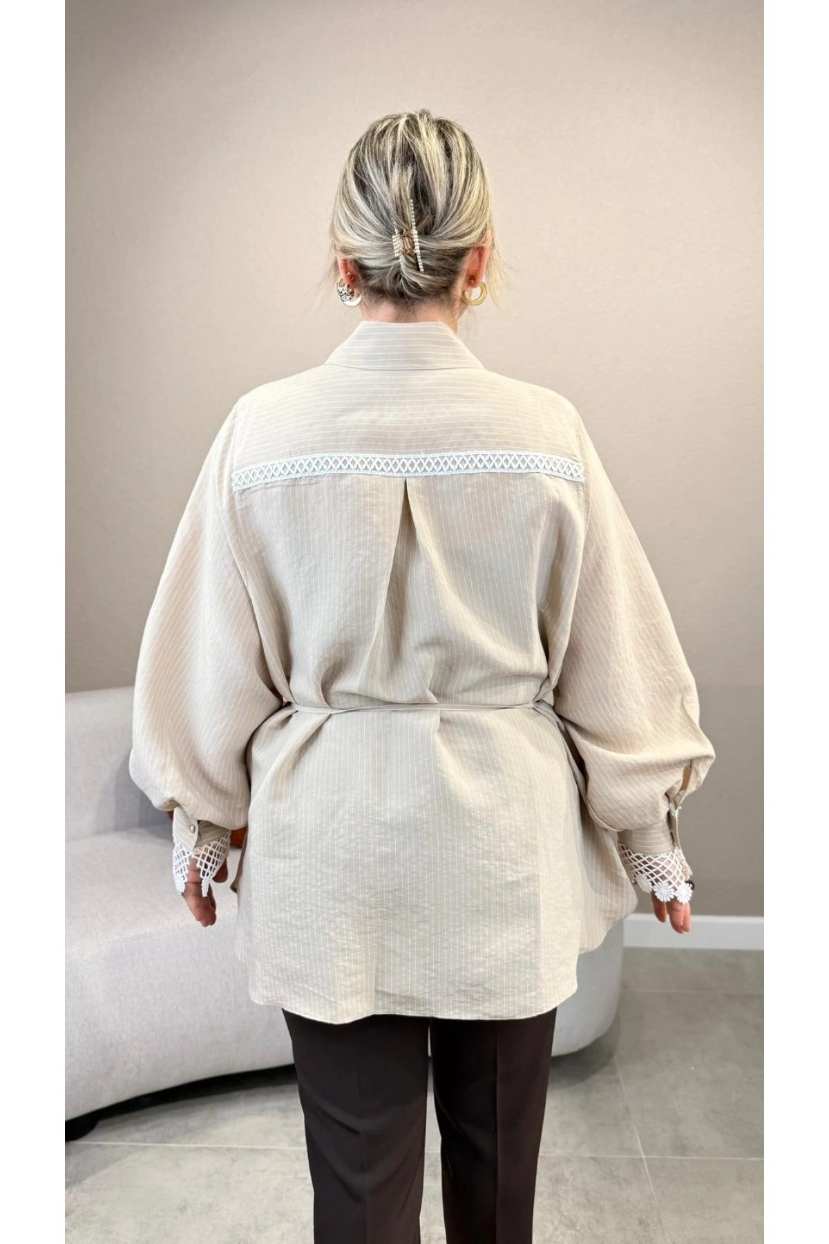 My312 Dantelli Taşlı Çizgili Gömlek 26S8804