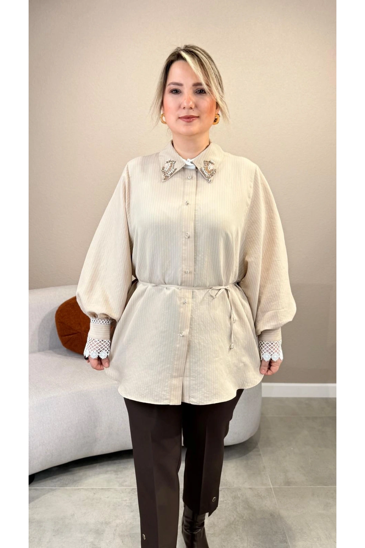 My312 Dantelli Taşlı Çizgili Gömlek 26S8804