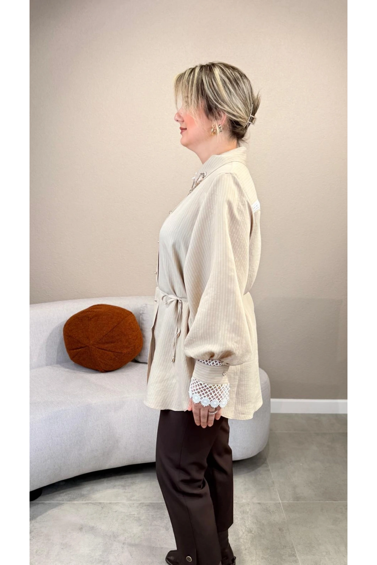 My312 Dantelli Taşlı Çizgili Gömlek 26S8804