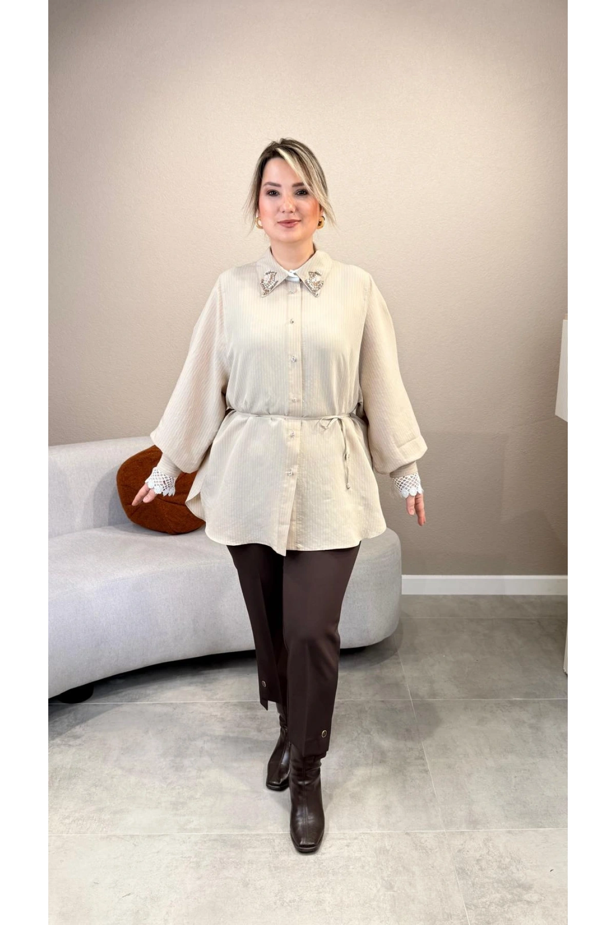 My312 Dantelli Taşlı Çizgili Gömlek 26S8804