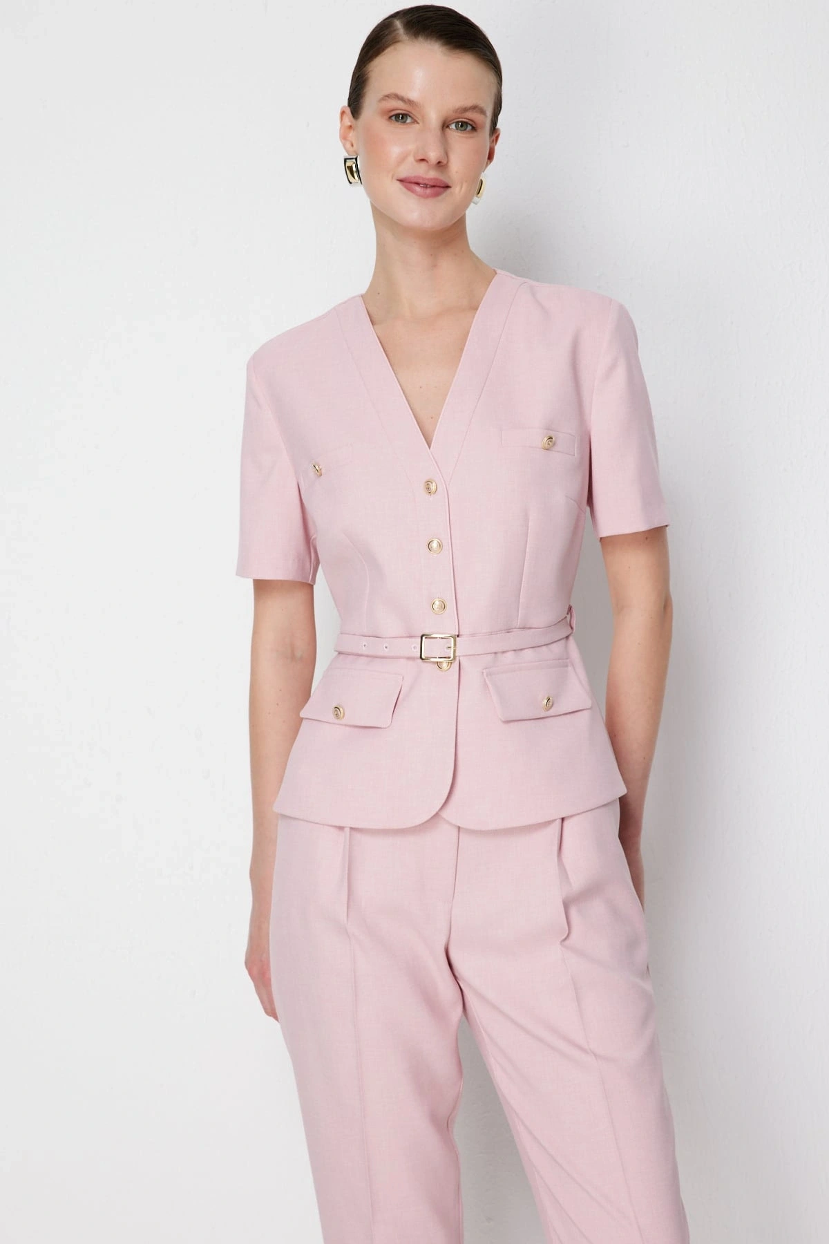 Ekol V Yaka Beli Kemerli Kısa Kol Ceket 01190