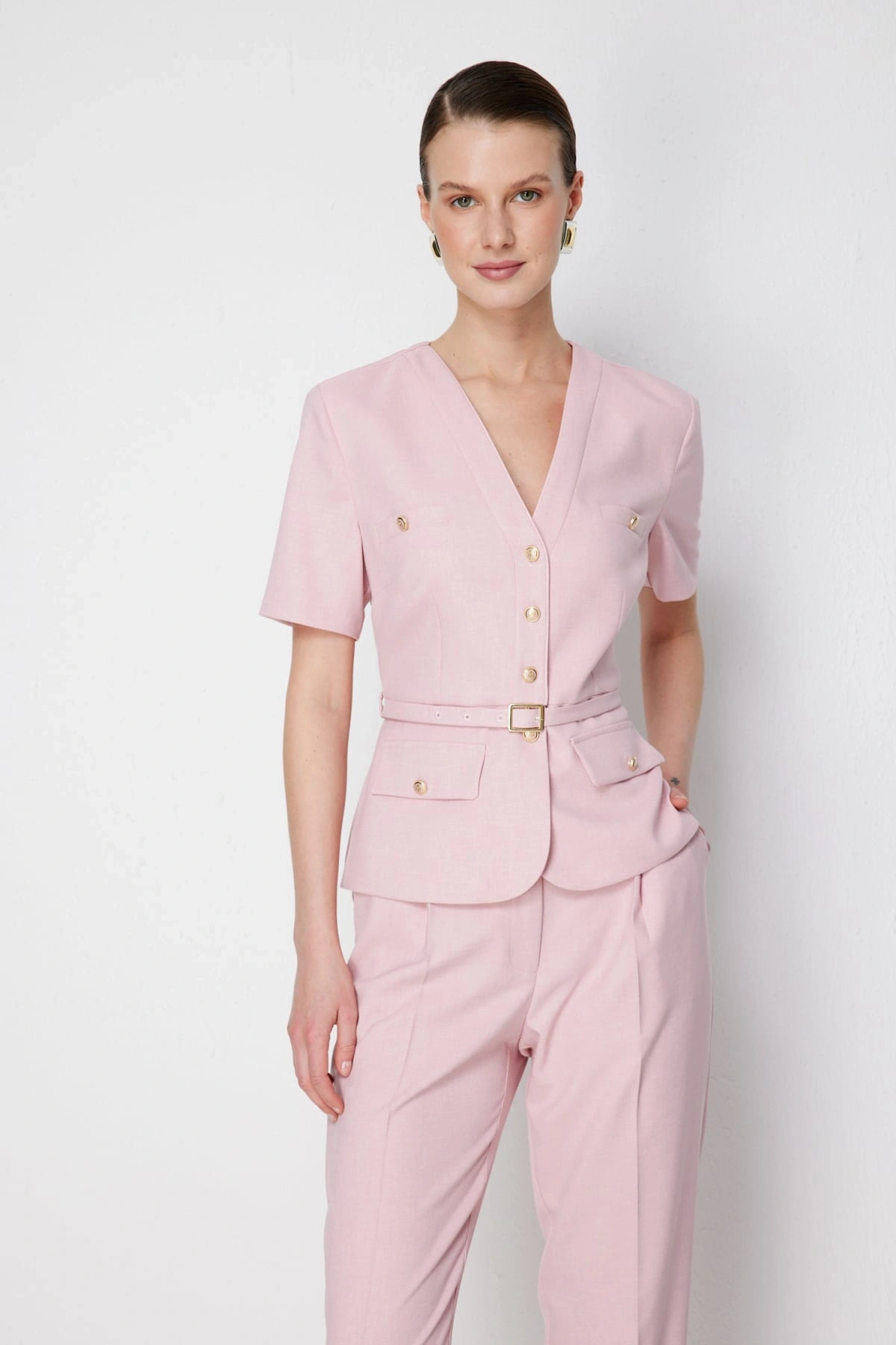 Ekol V Yaka Beli Kemerli Kısa Kol Ceket 01190