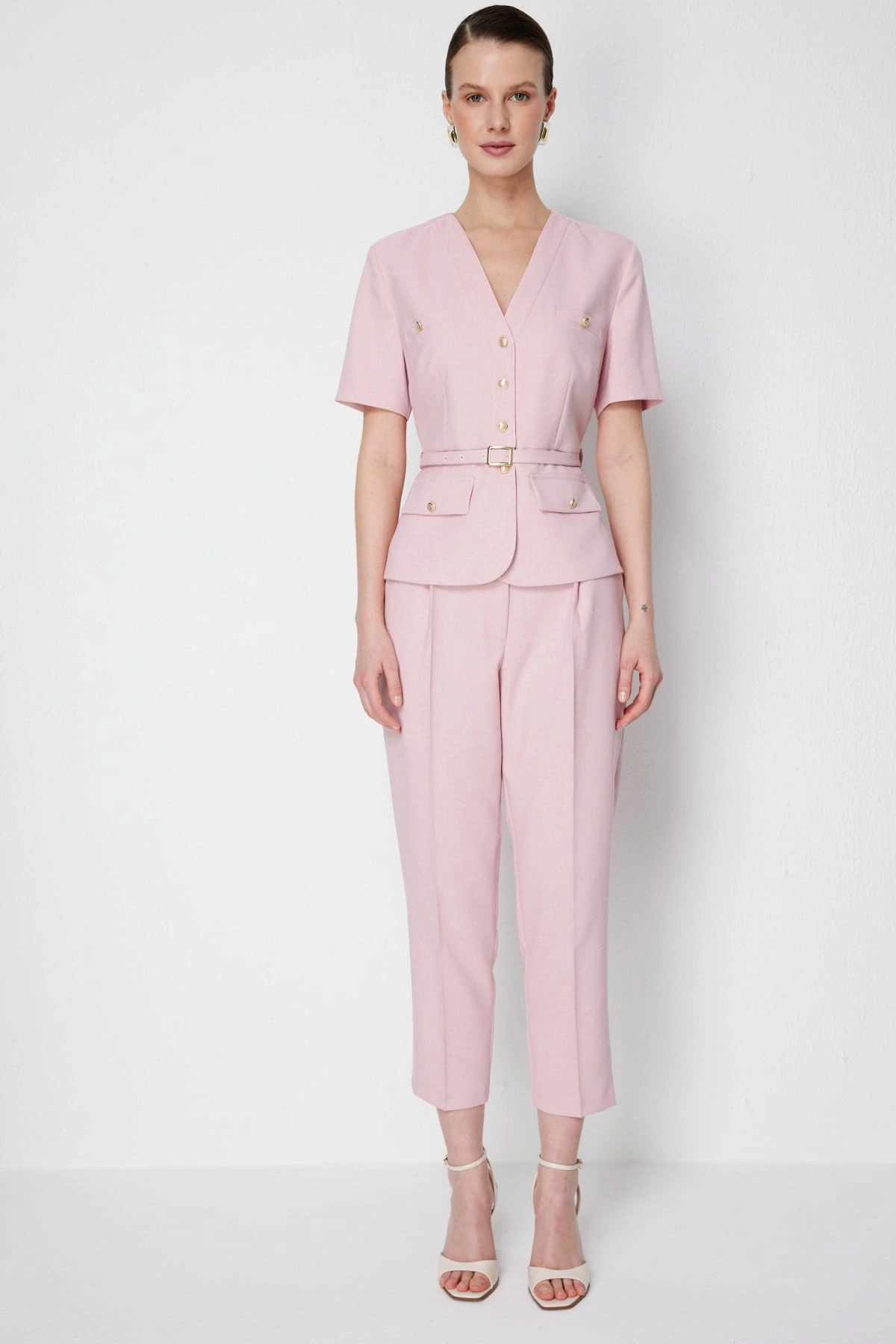 Ekol V Yaka Beli Kemerli Kısa Kol Ceket 01190