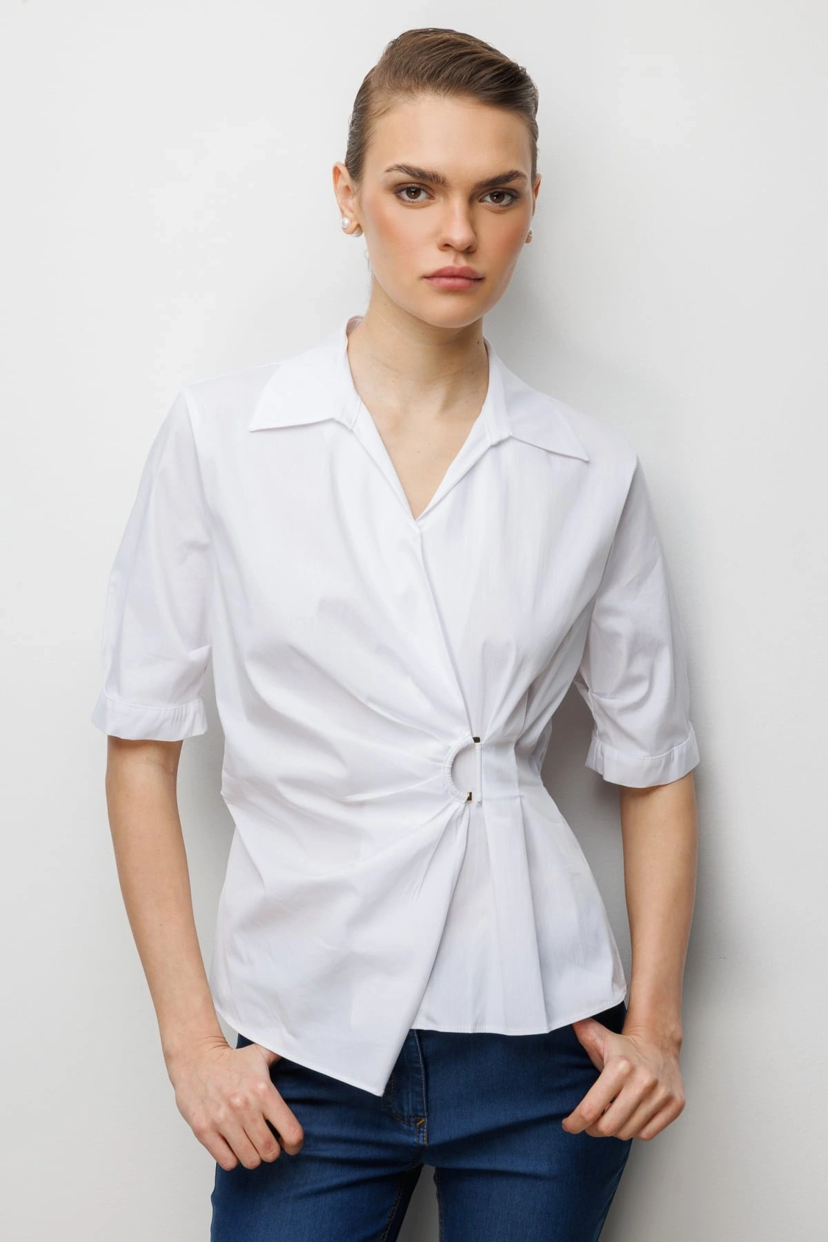 Ekol Beli Büzgülü Kısa Kollu Pamuklu Bluz 02046