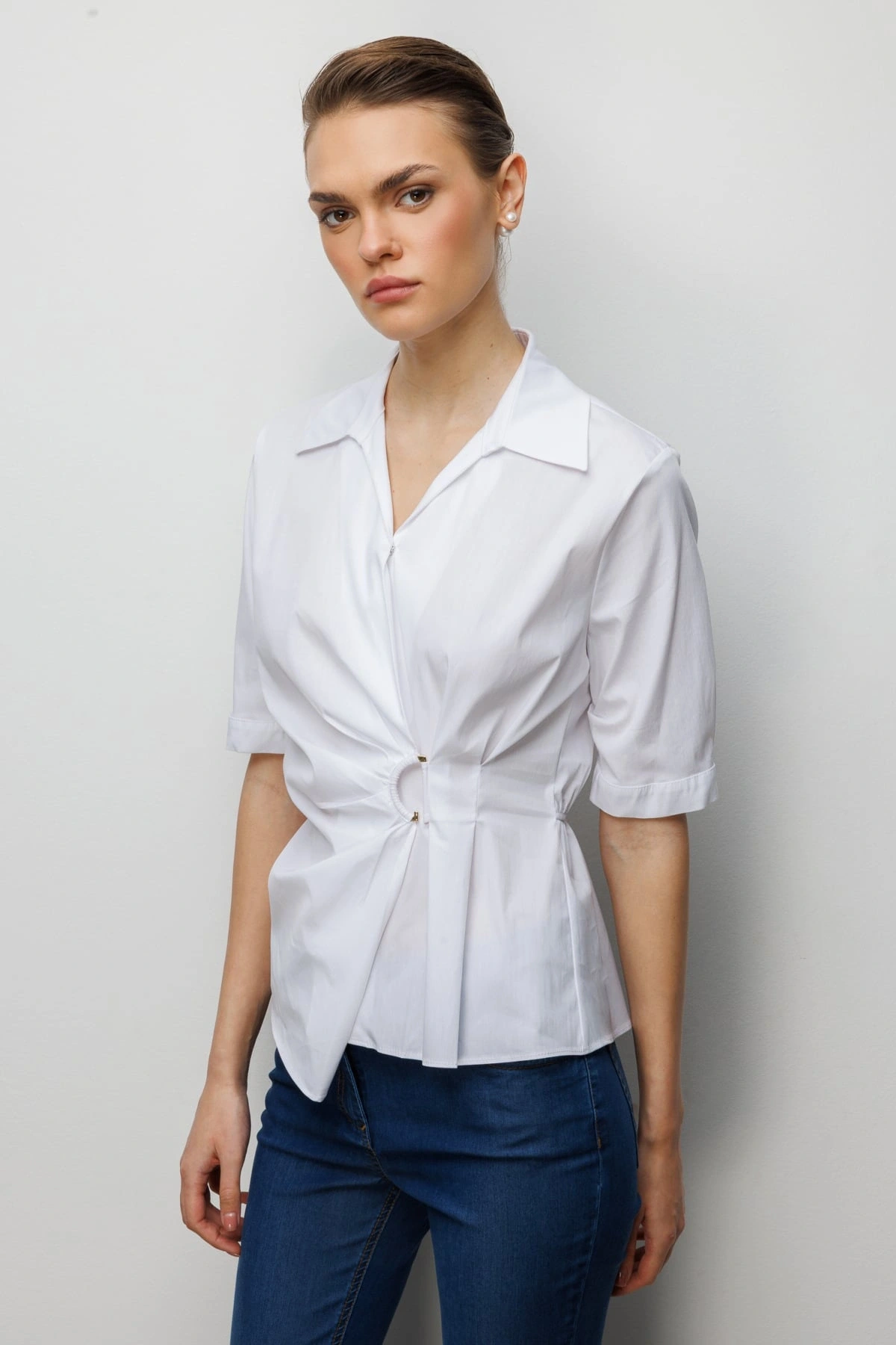 Ekol Beli Büzgülü Kısa Kollu Pamuklu Bluz 02046