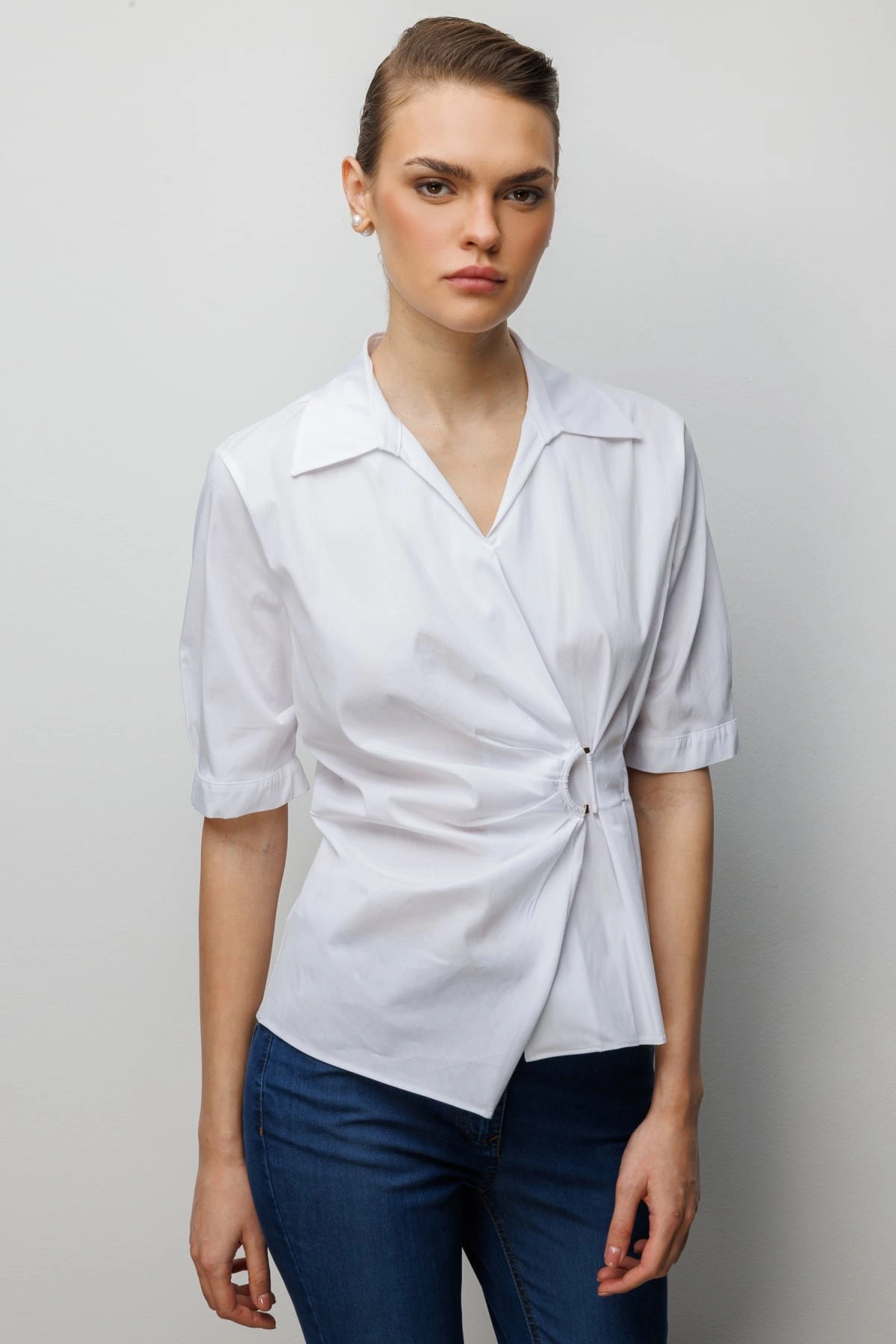 Ekol Beli Büzgülü Kısa Kollu Pamuklu Bluz 02046