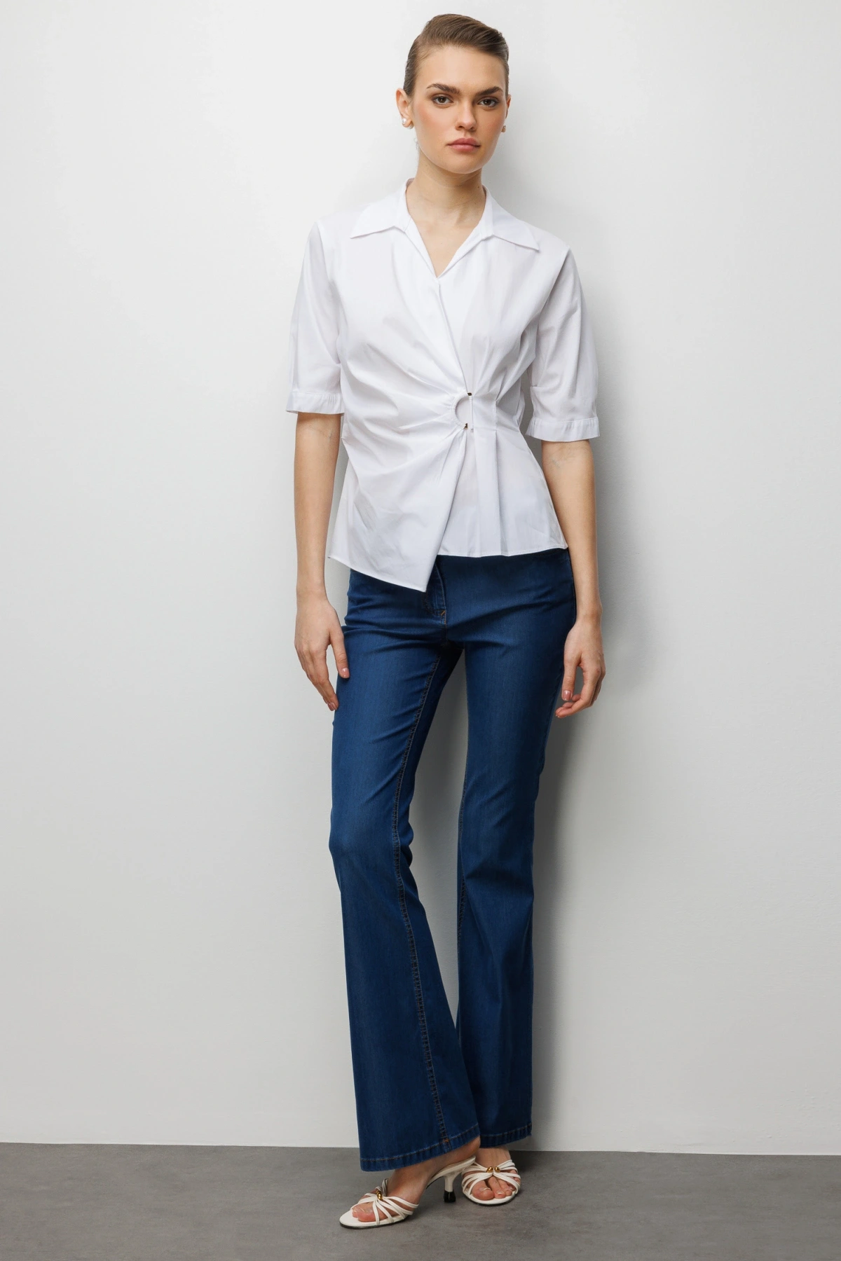 Ekol Beli Büzgülü Kısa Kollu Pamuklu Bluz 02046