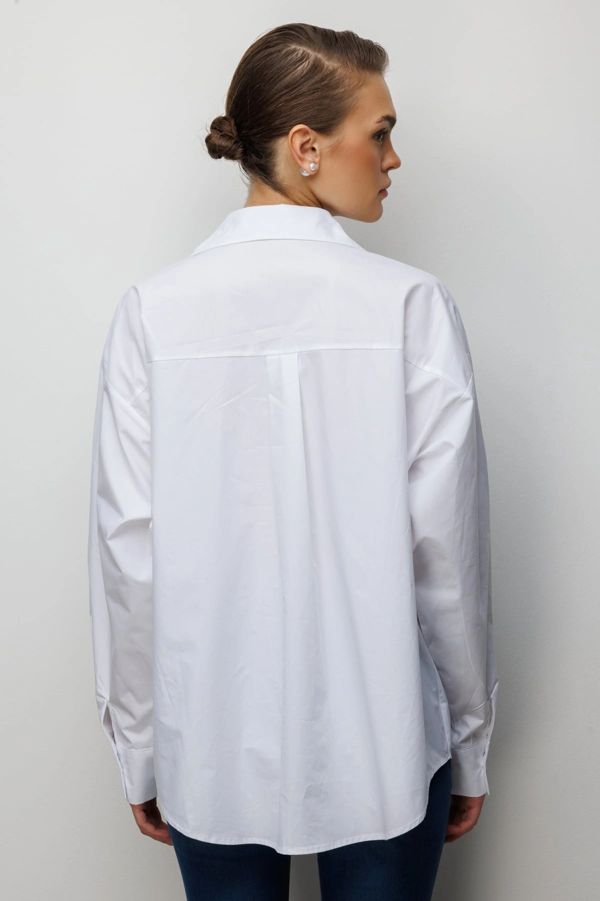 Ekol Boncuk İşlemeli Oversize Pamuk Gömlek 02808