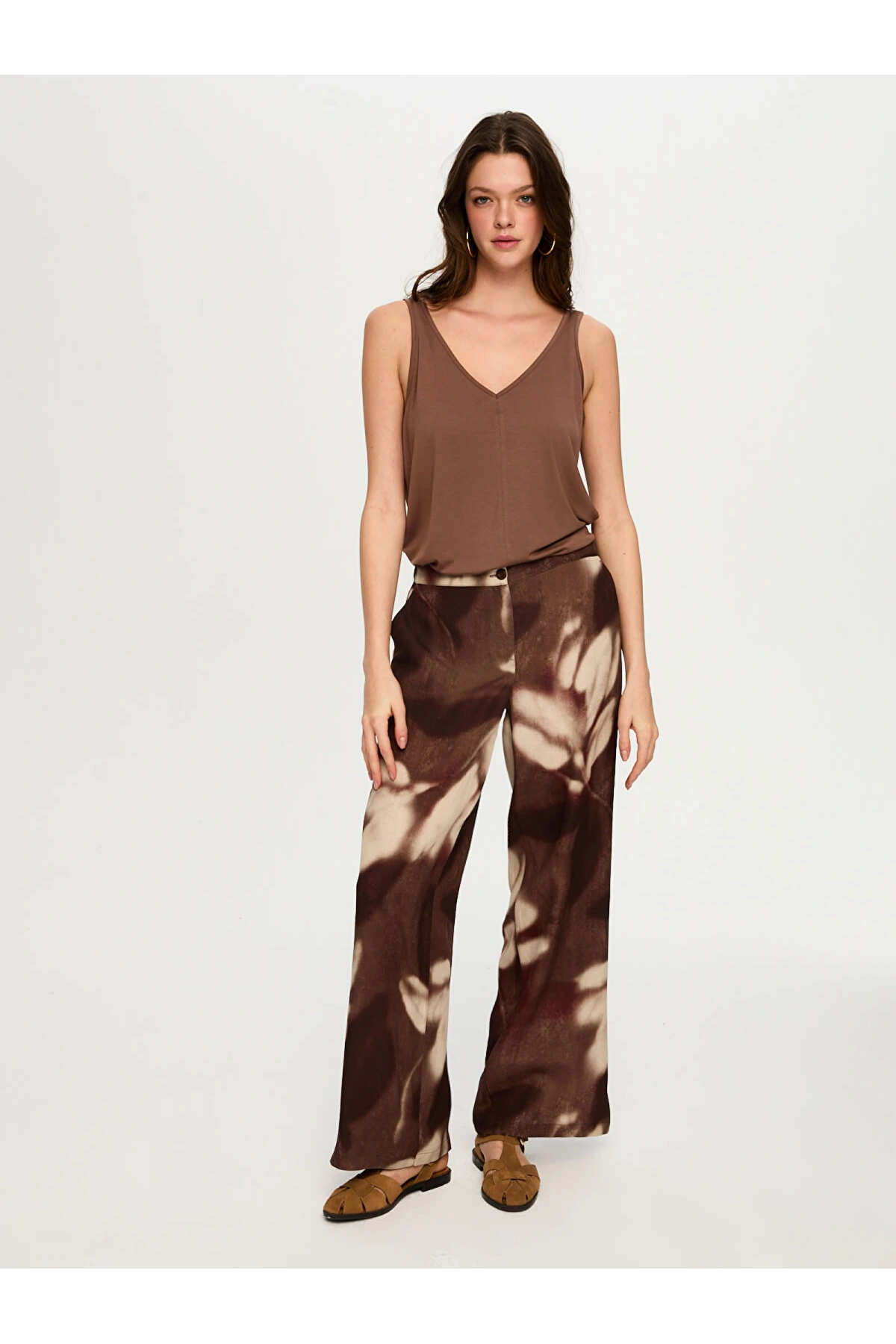 Faik Sönmez Soyut Çiçek Desen Ketenli Wide Leg Pantolon US26PNT035