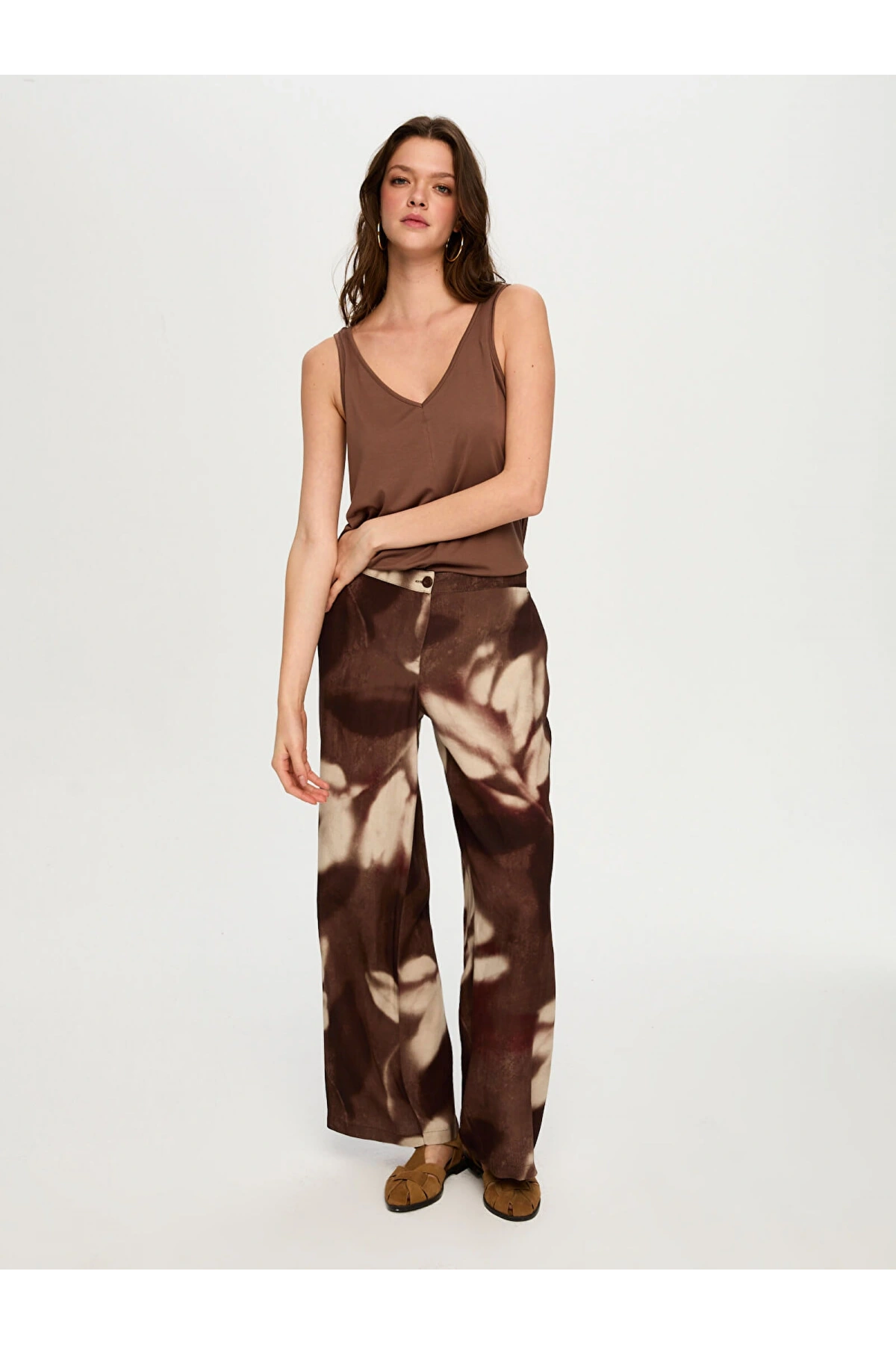 Faik Sönmez Soyut Çiçek Desen Ketenli Wide Leg Pantolon US26PNT035