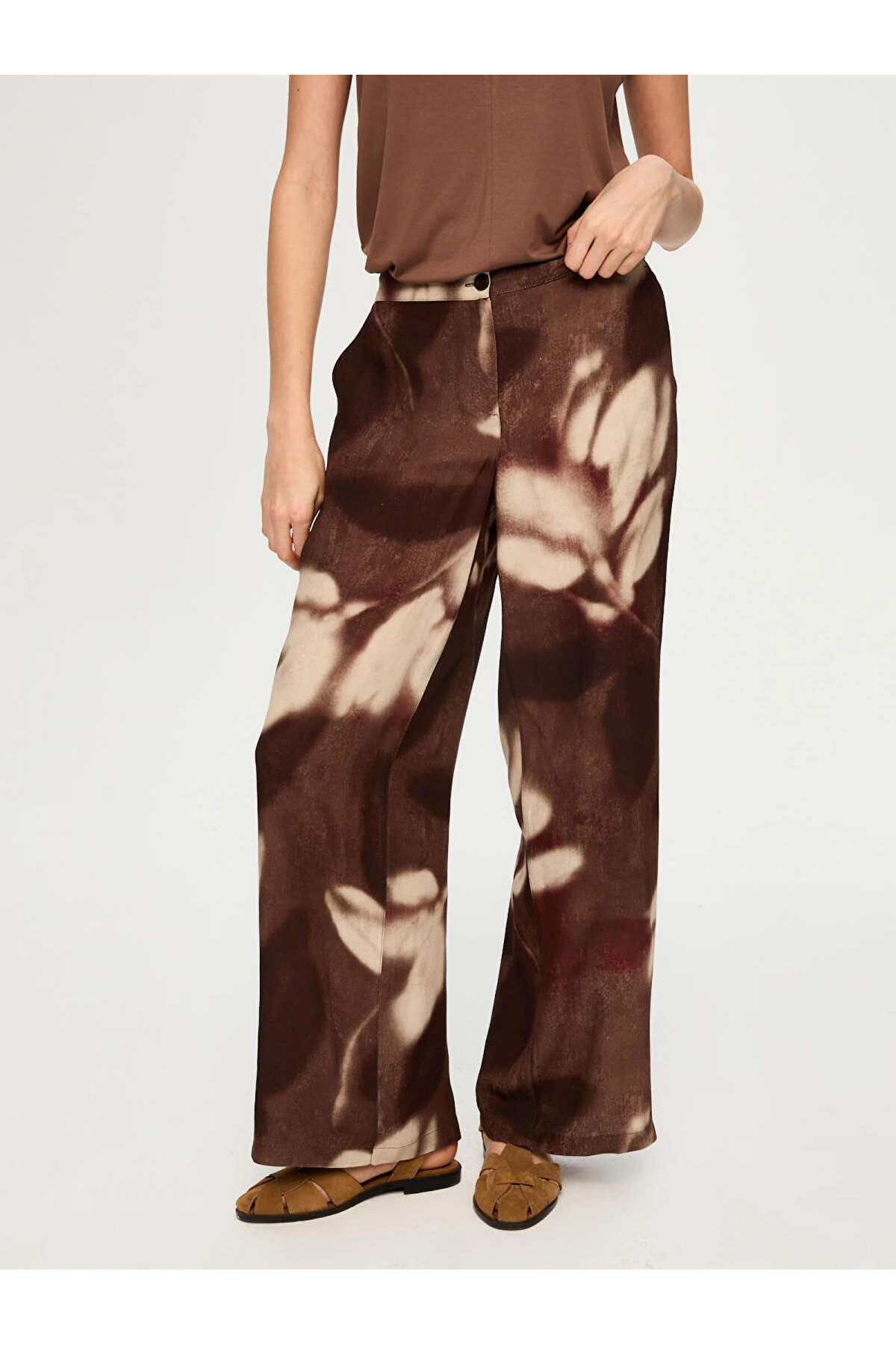 Faik Sönmez Soyut Çiçek Desen Ketenli Wide Leg Pantolon US26PNT035