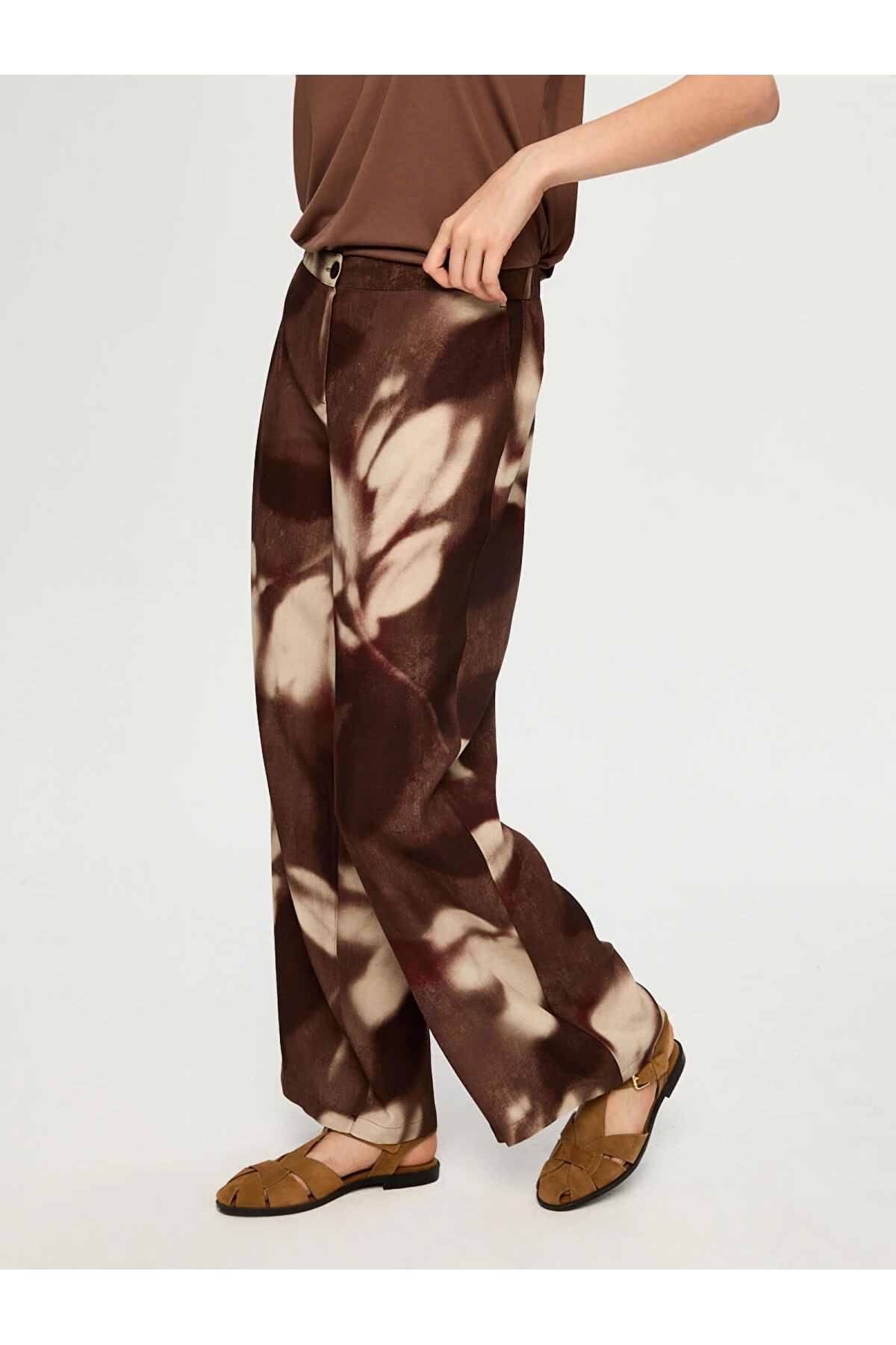 Faik Sönmez Soyut Çiçek Desen Ketenli Wide Leg Pantolon US26PNT035