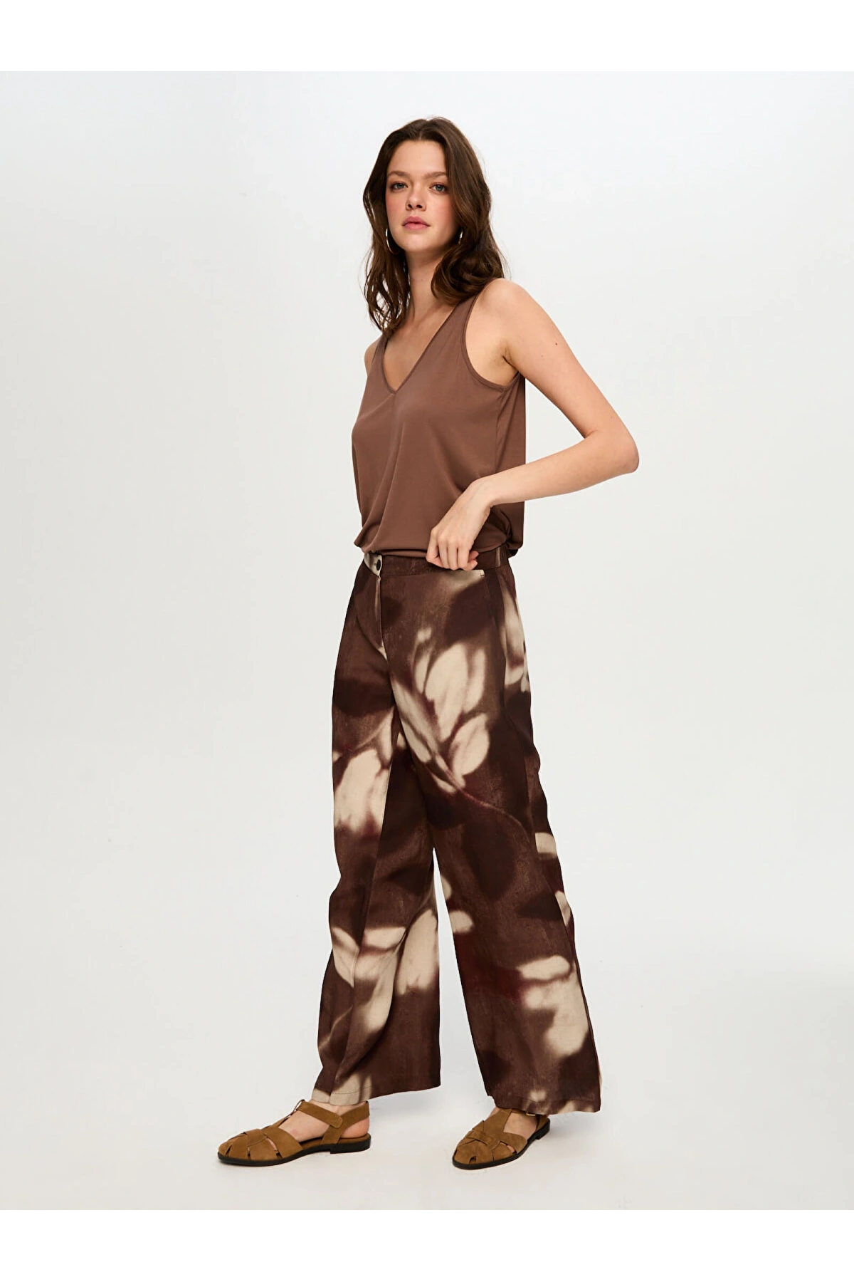 Faik Sönmez Soyut Çiçek Desen Ketenli Wide Leg Pantolon US26PNT035