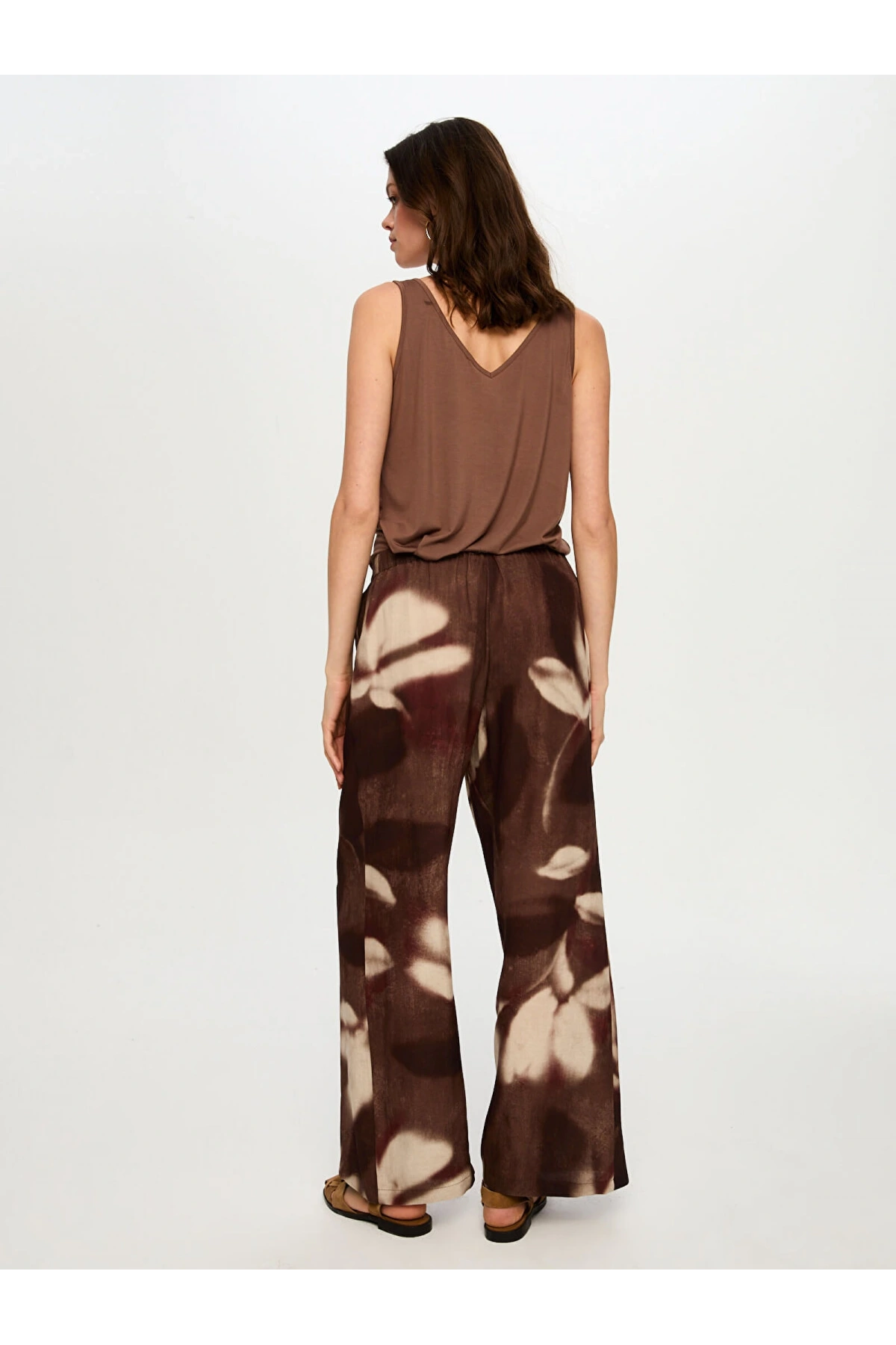 Faik Sönmez Soyut Çiçek Desen Ketenli Wide Leg Pantolon US26PNT035