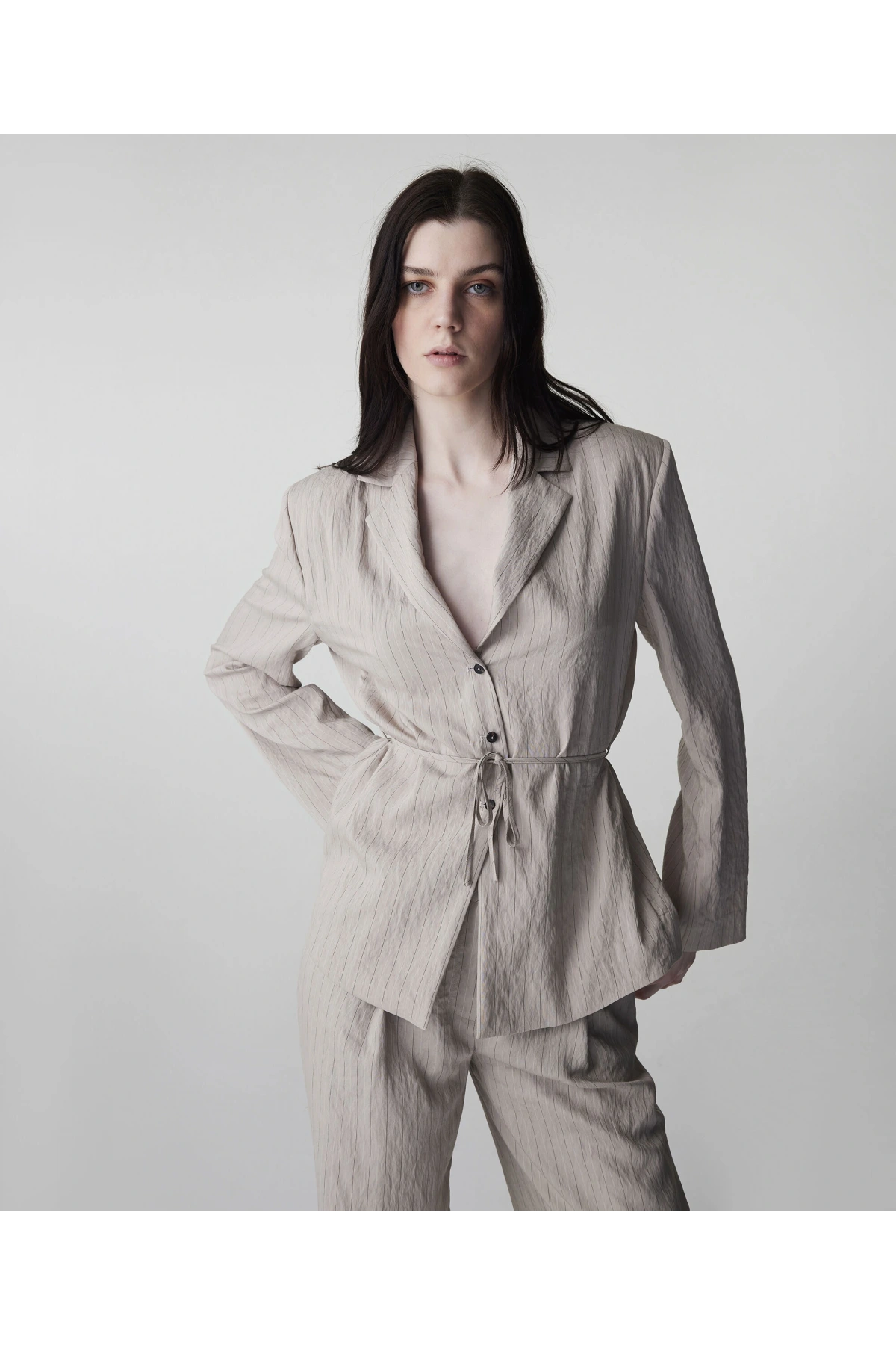 İpekyol Çizgi Jakarlı Kuşaklı Blazer IS1260106024